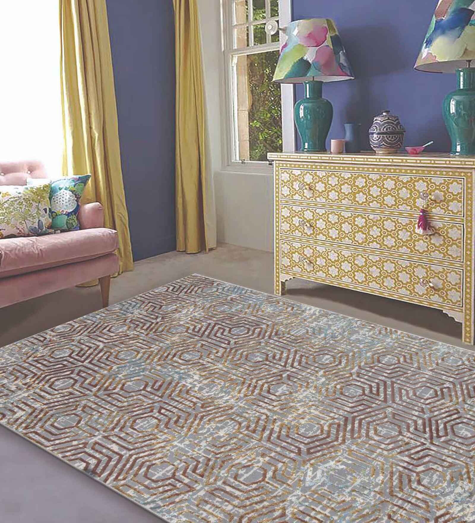 Brown Geometrical Polypropylene 8 ft x 10 ft Machine Made Runner