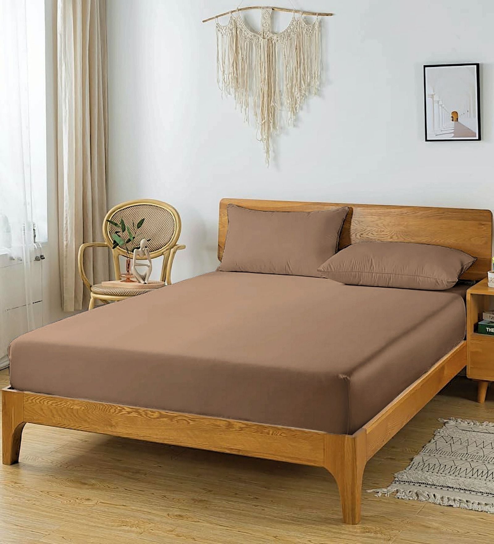 Brown Glace Cotton Solid Elastic Fitted King Bedsheet With 2 Pillow Covers