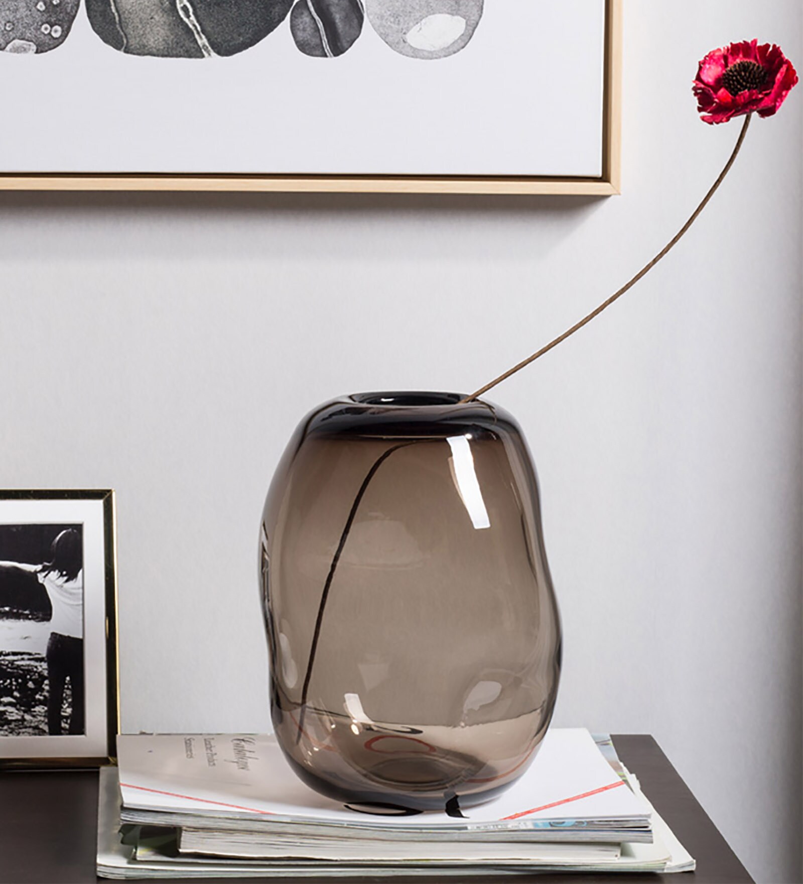 Brown Hand Blown Art Organic Contemporary Style Centerpiece Flower Glass Vase