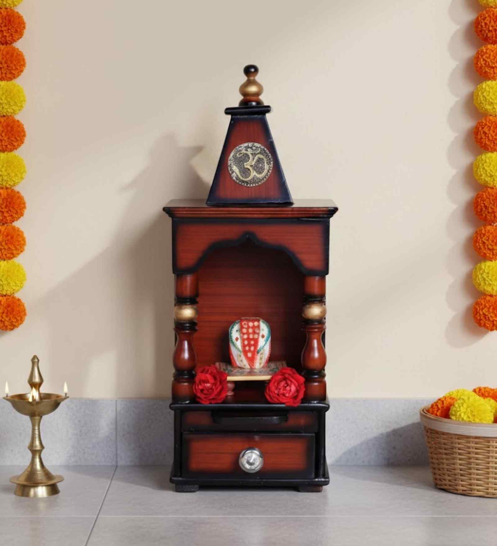 Brown Gold Aradhya Wall Mount Teak Wooden Pooja Mandir