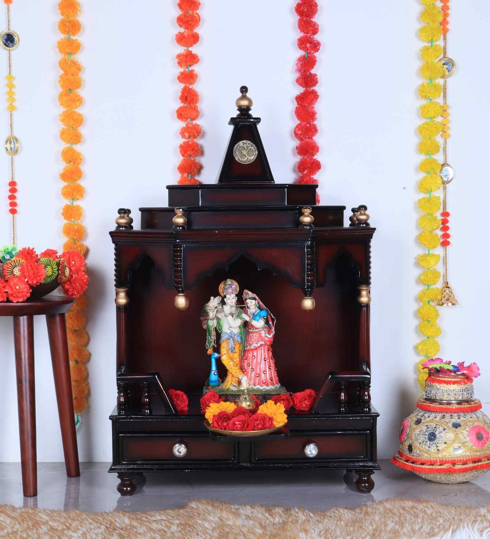 Brown Gold Brahma Shray Floor Rested Pooja Mandir Without Door