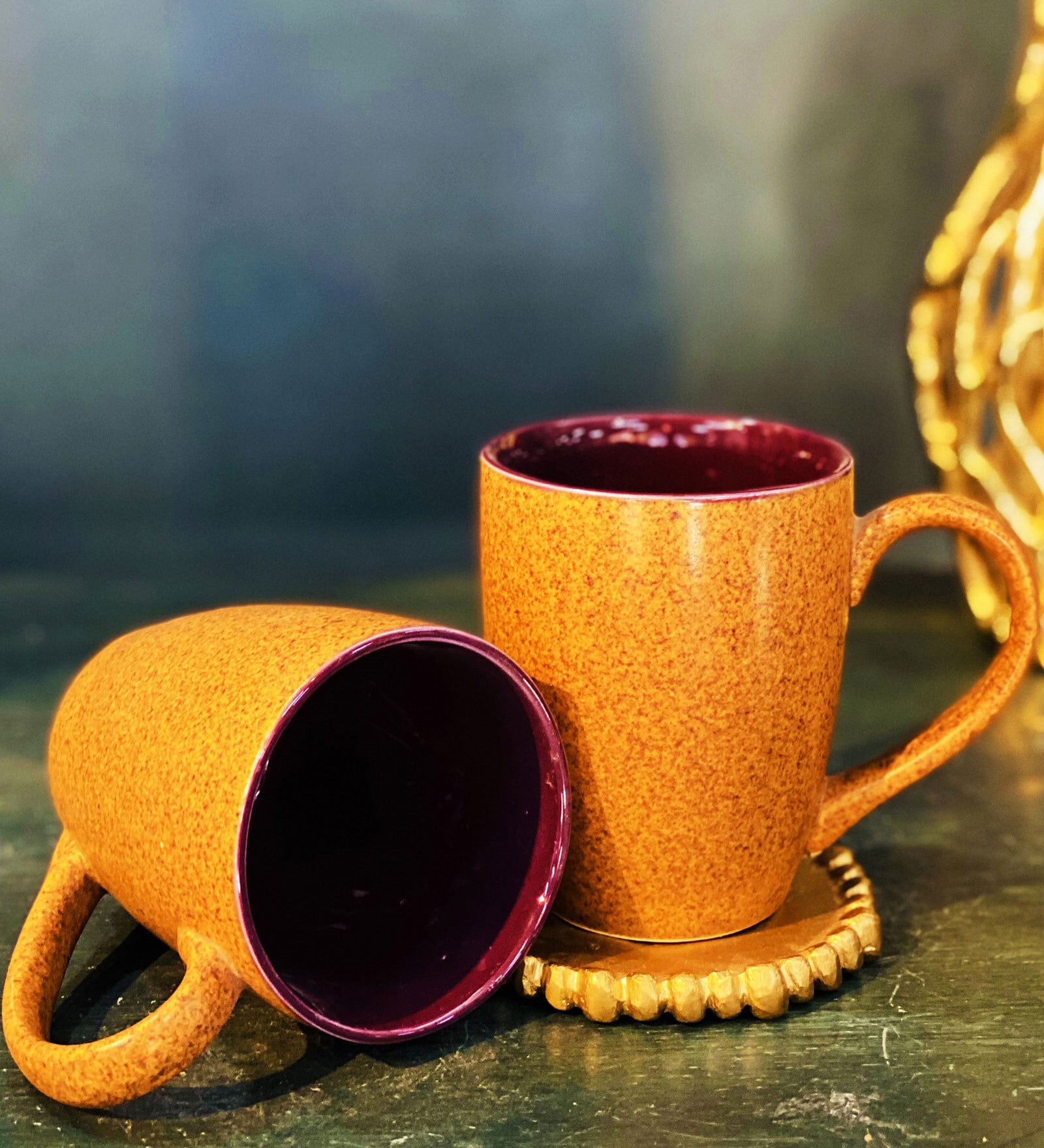 Grained 250ml Yellow & Brown Ceramic (Set of 2) Coffee Mug