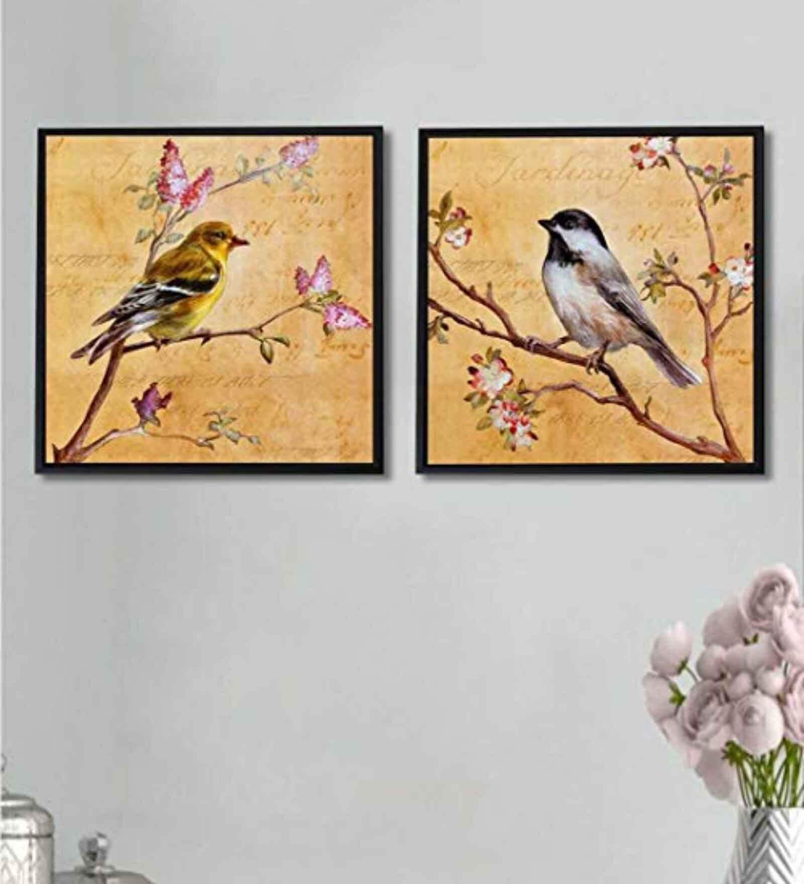 Birds Brown Canvas Framed Wildlife Art Print Set of 2