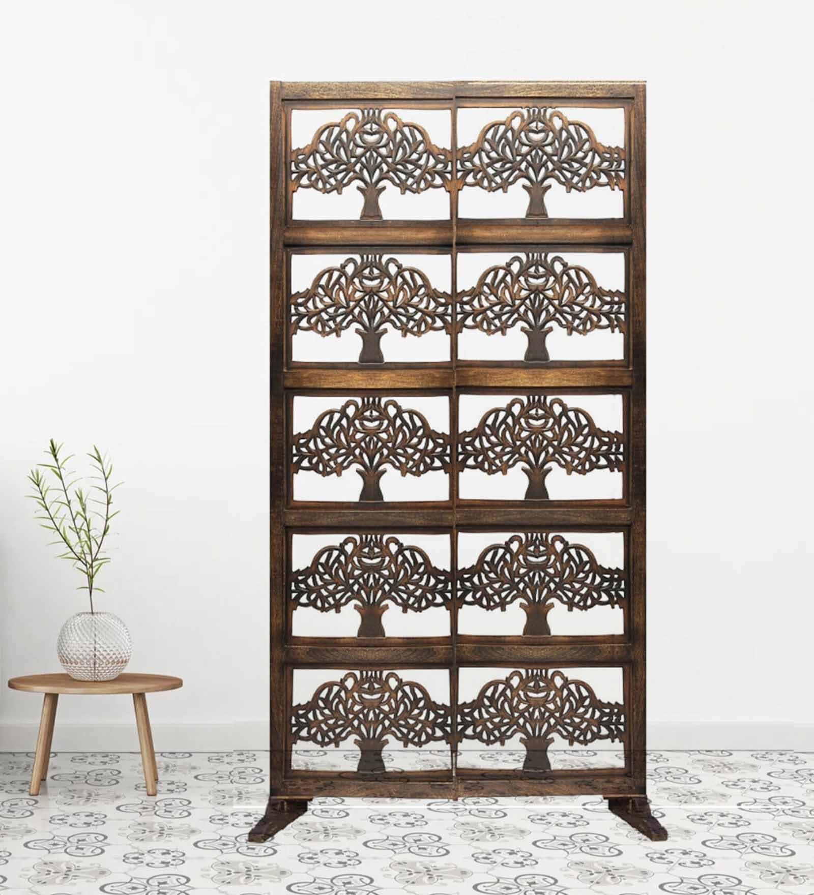 Brown Handcarved Wooden Room Divider Single Panel Tree Design With Stand