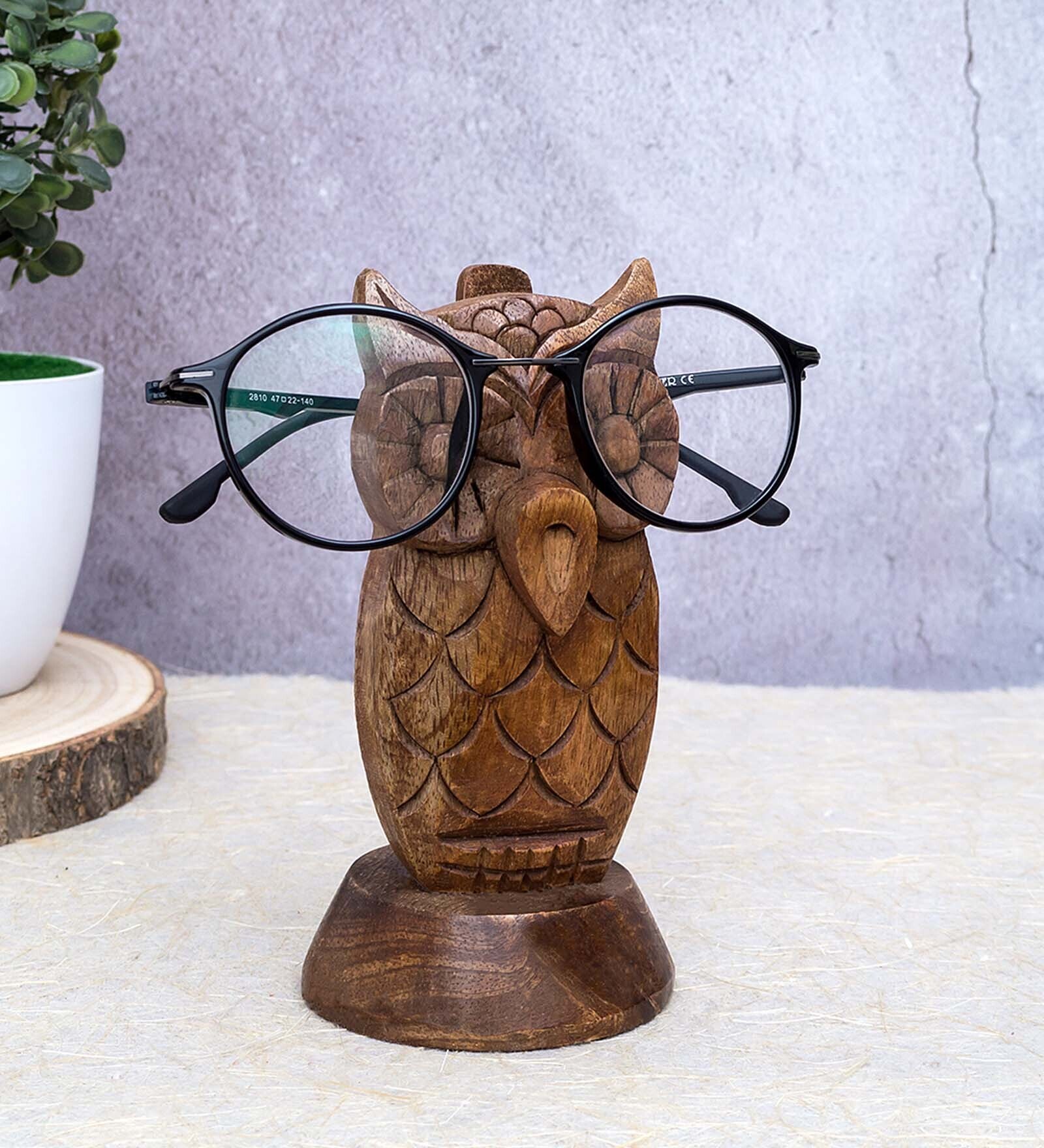 Owl Brown Wood Spectacle Holder Desk Organizer