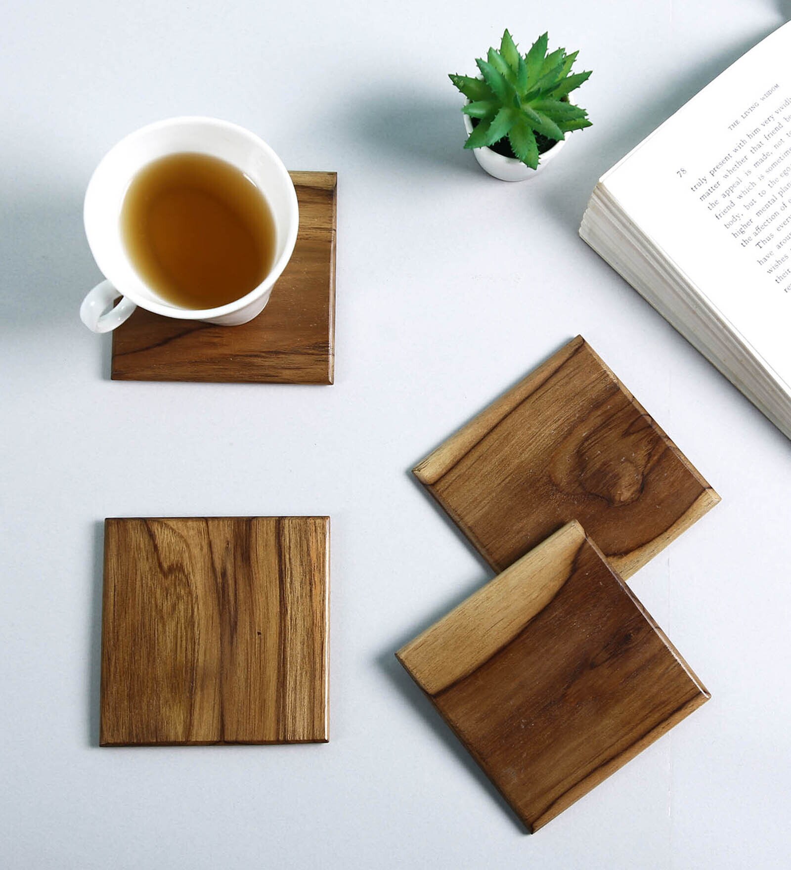 Brown Handcrafted Teak Wood Elegant (Set Of 4) Coasters