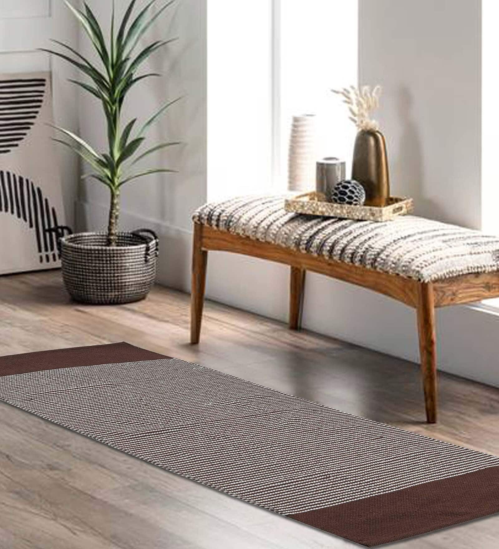 Brown Handmade 100% Cotton Striped Bedside Runner