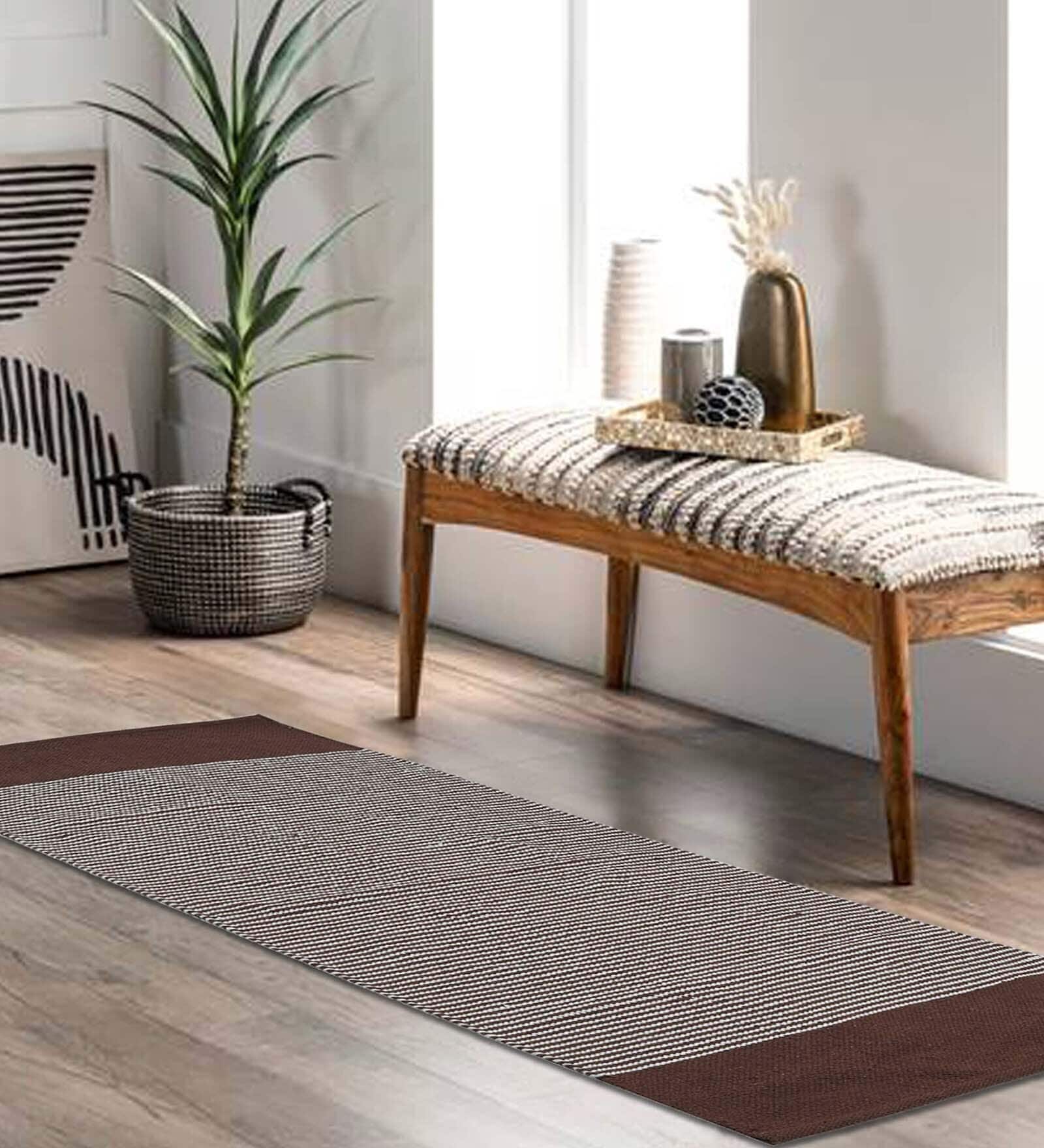Brown Handmade 100% Cotton Striped Bedside Runner
