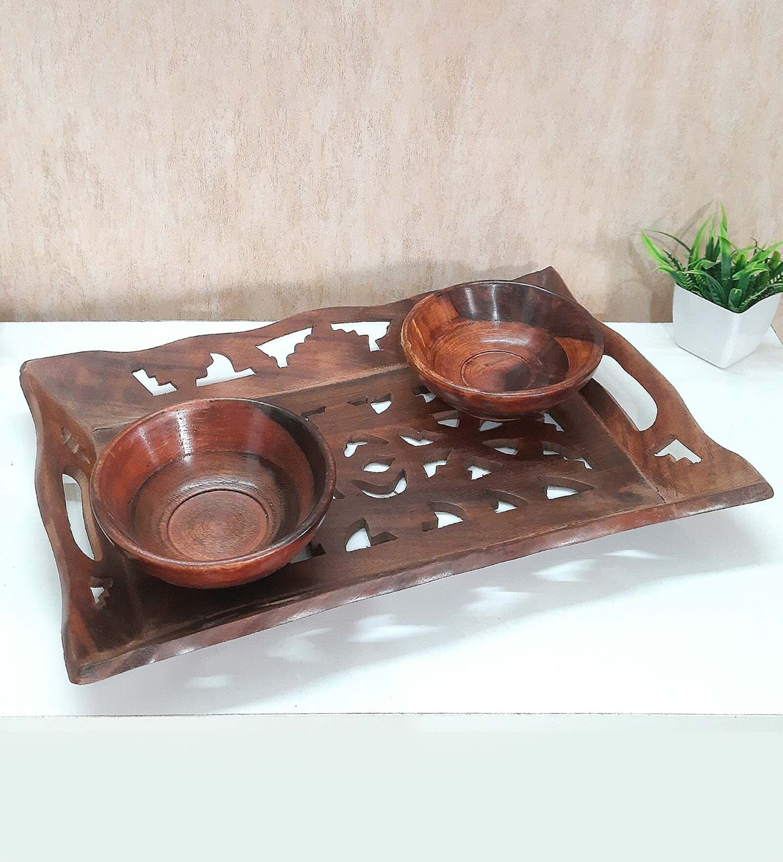 Brown Handpainted  Wood 2 Pc Bowls With Serving Tray