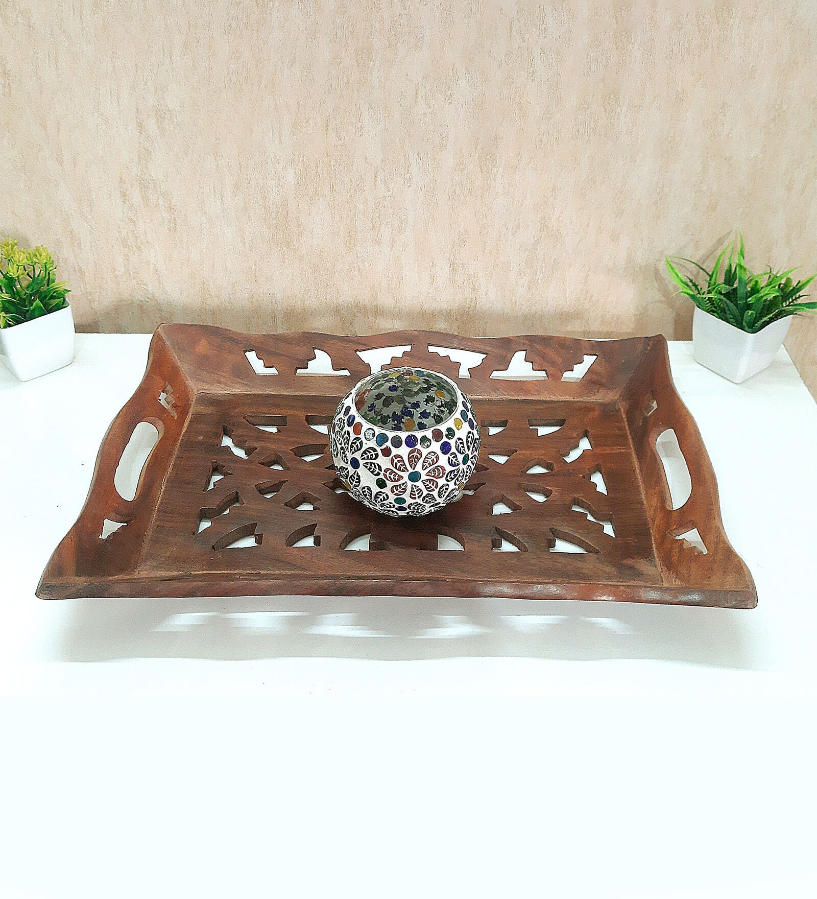 Brown Handpainted  Wood  Serving Tray