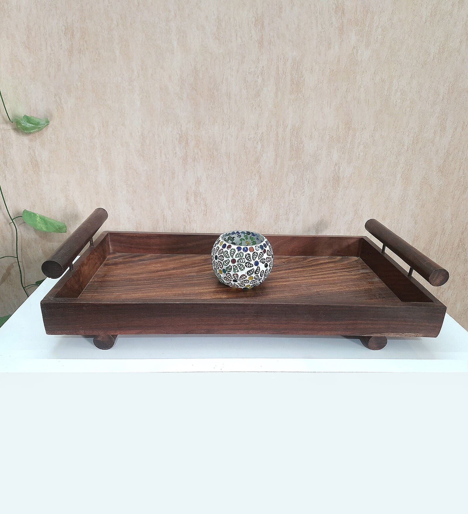 Brown Handpainted  Wood  Serving Tray