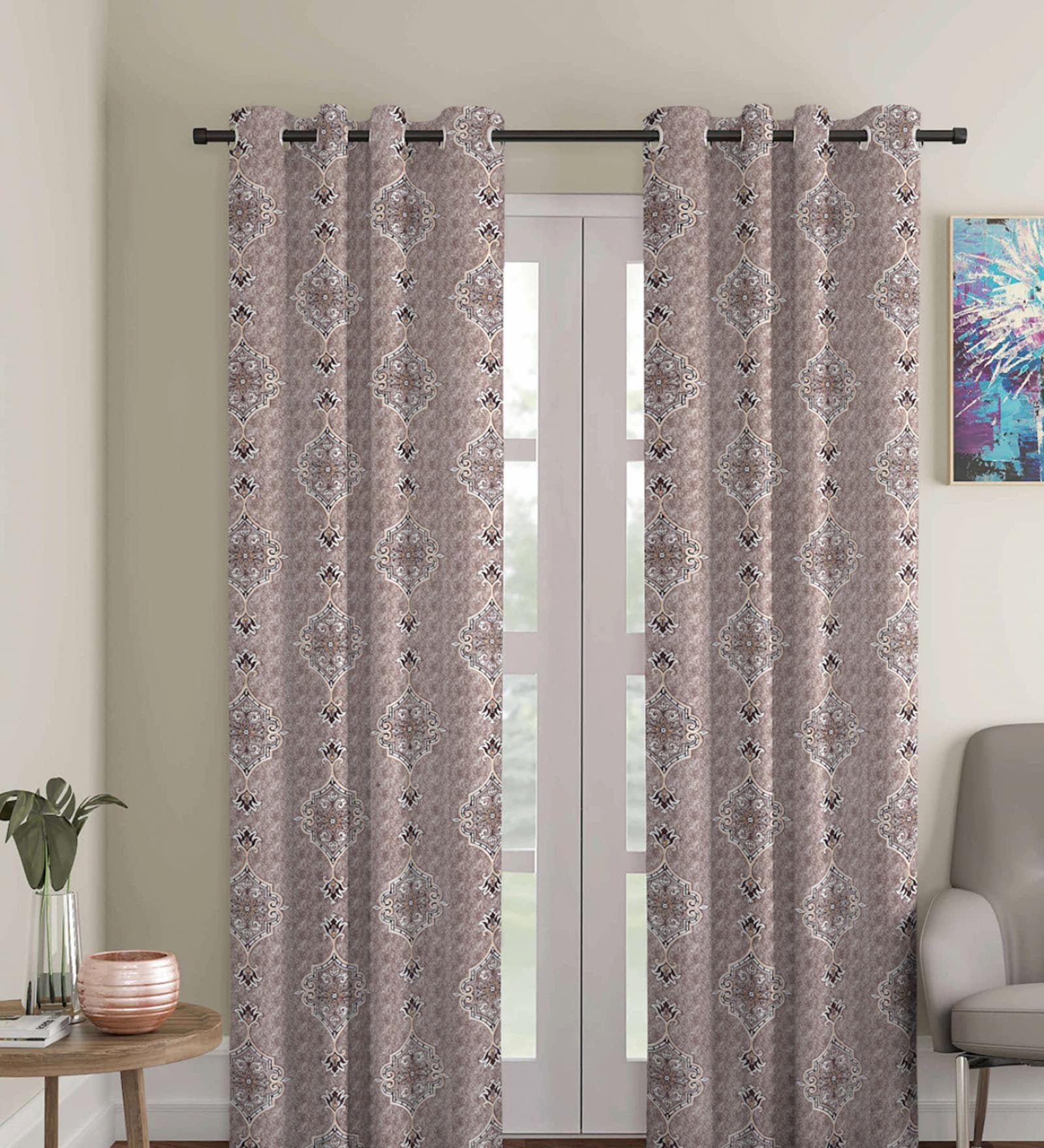 Brown Jacquard Traditional Light Filtering Eyelet 9 Feet Door Curtains (2 Pc)