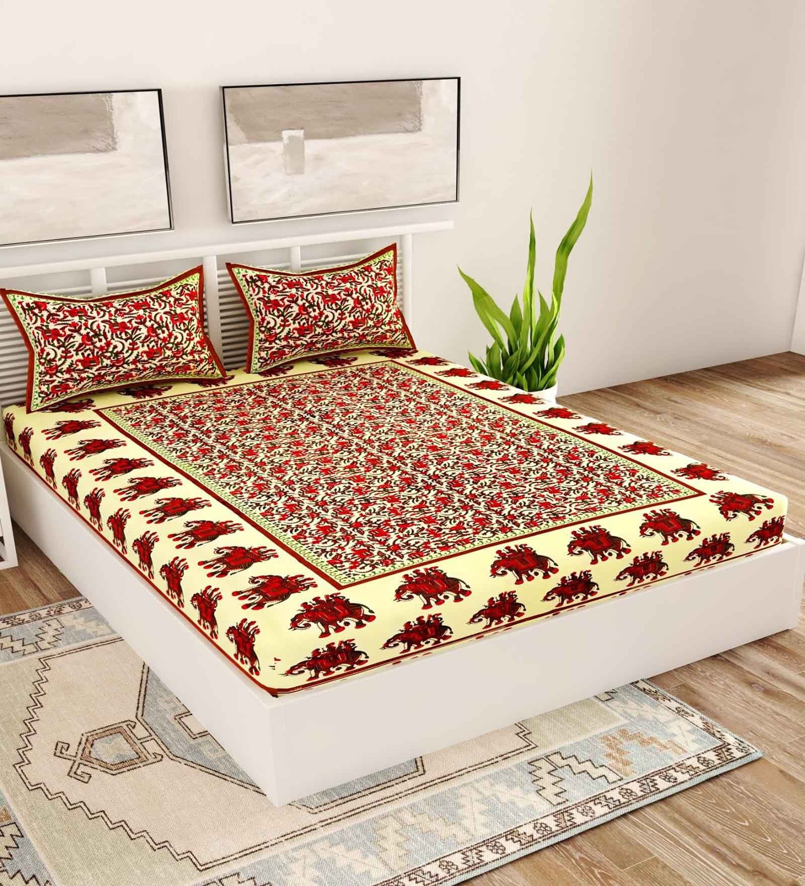 Brown Traditional 120 TC Cotton Queen Sized Bedsheet with 2 Pillow Cover
