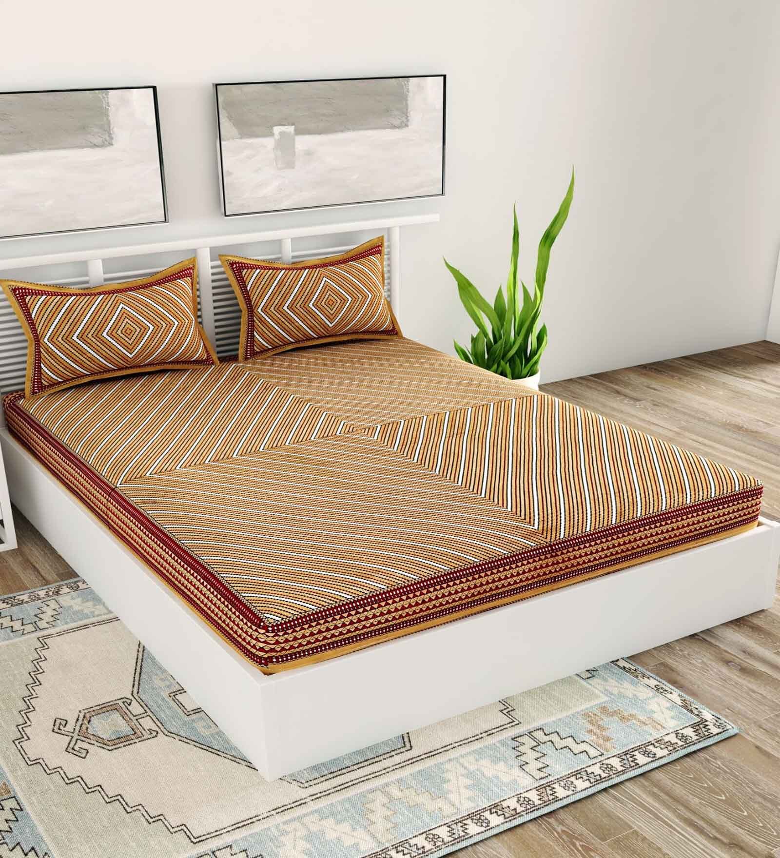 Brown Traditional 120 TC Cotton Queen Sized Bedsheet with 2 Pillow Cover