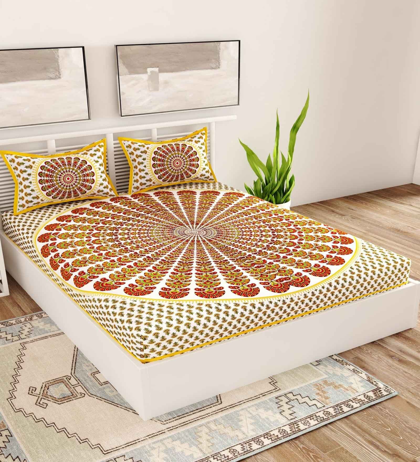 Brown Traditional 120 TC Cotton Queen Sized Bedsheet with 2 Pillow Cover