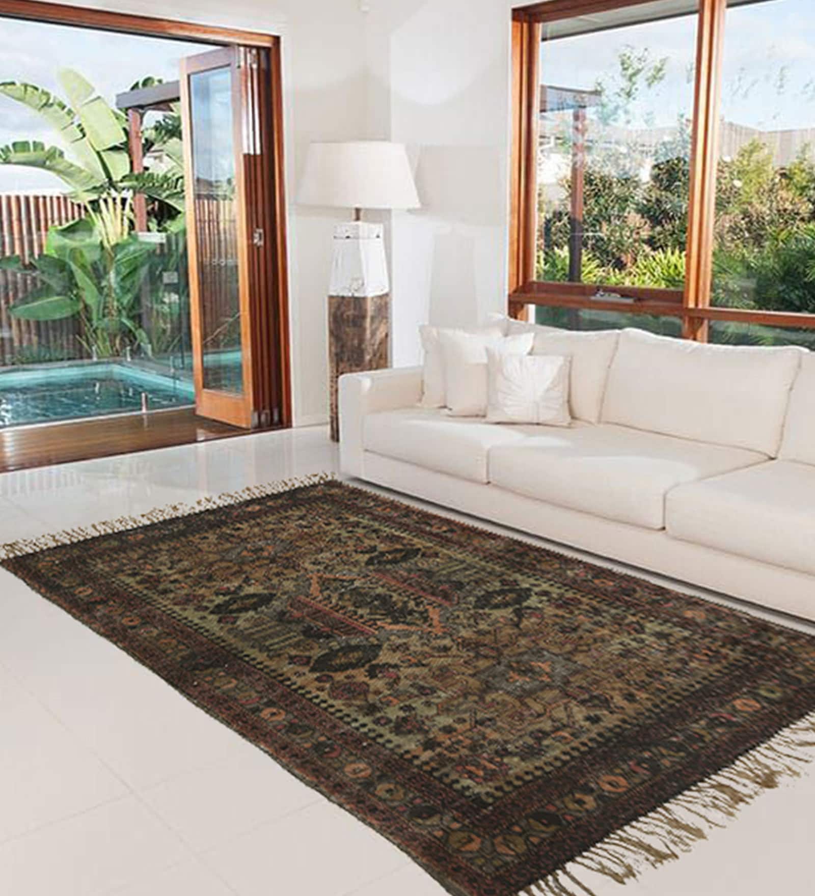 Brown Jute Cotton Screen Printed Hand Woven 8 x 5 Feet Dhurrie