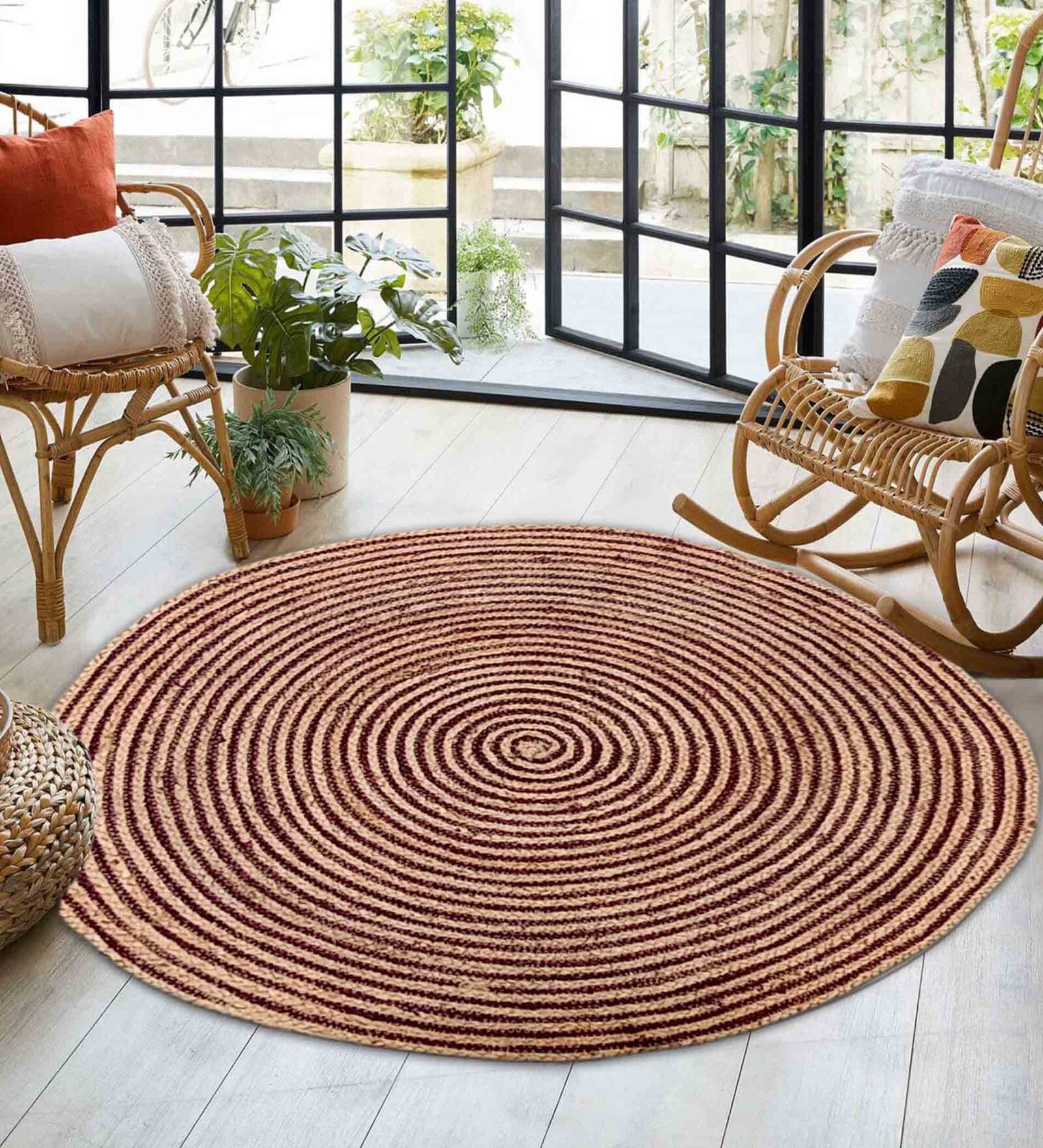 Brown Geometric Jute 3 ft x 3 ft Hand Woven Round Carpet