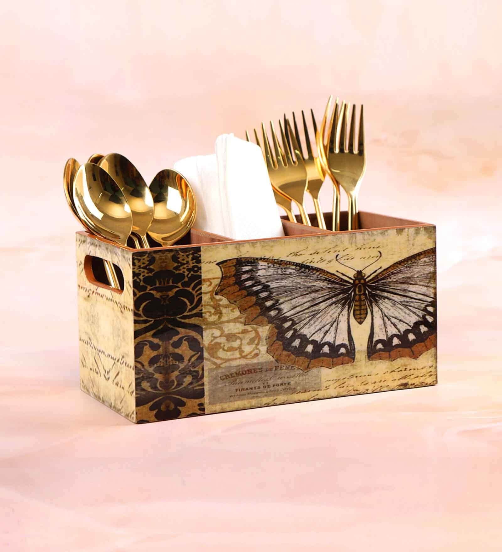 Brown Mdf Butterfly Mdf Wood Square 1 Pcs Cutlery Holder