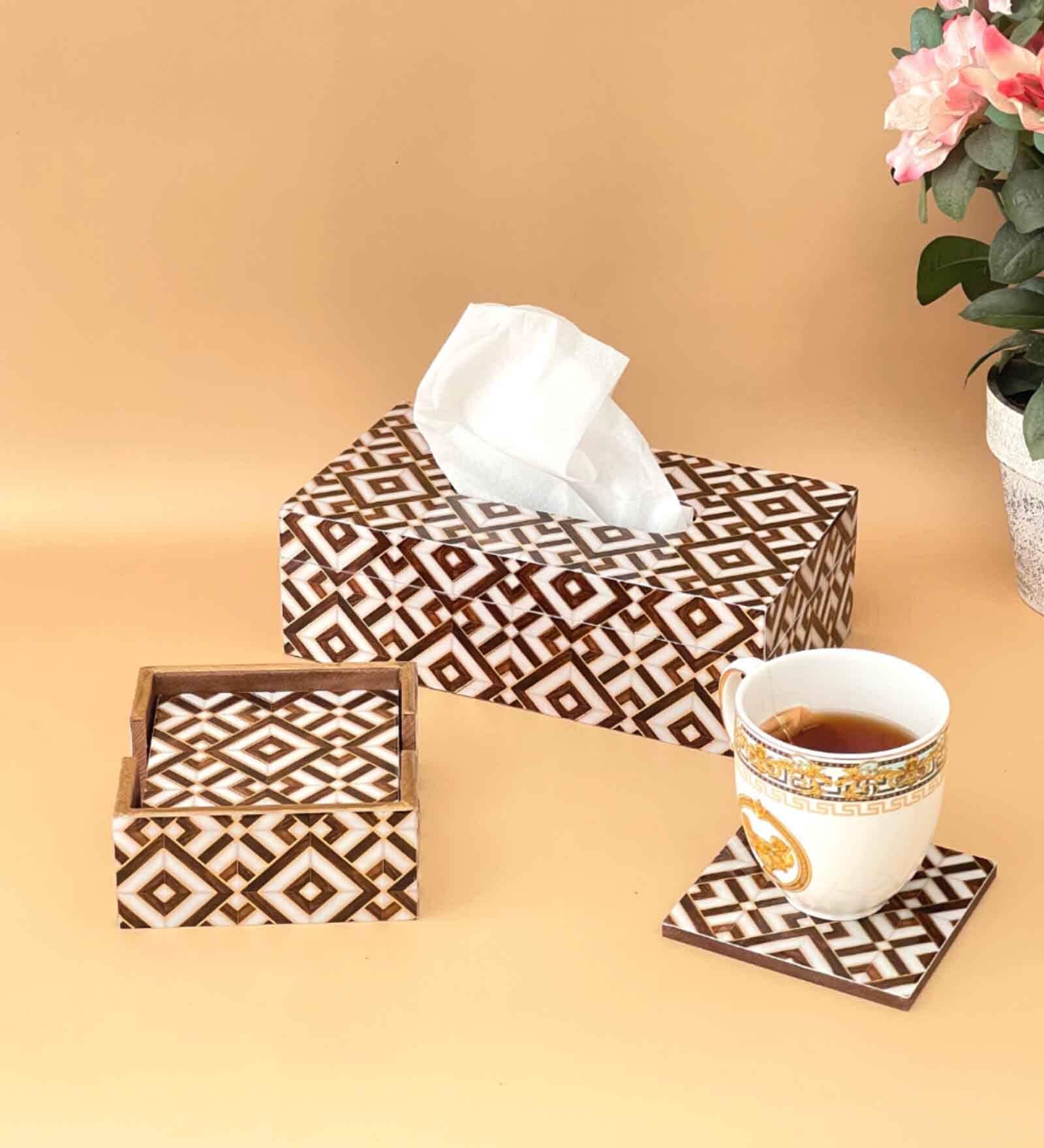 Brown & Gold Combo Tissue Box Holder with  Set of 6 Coaster Set
