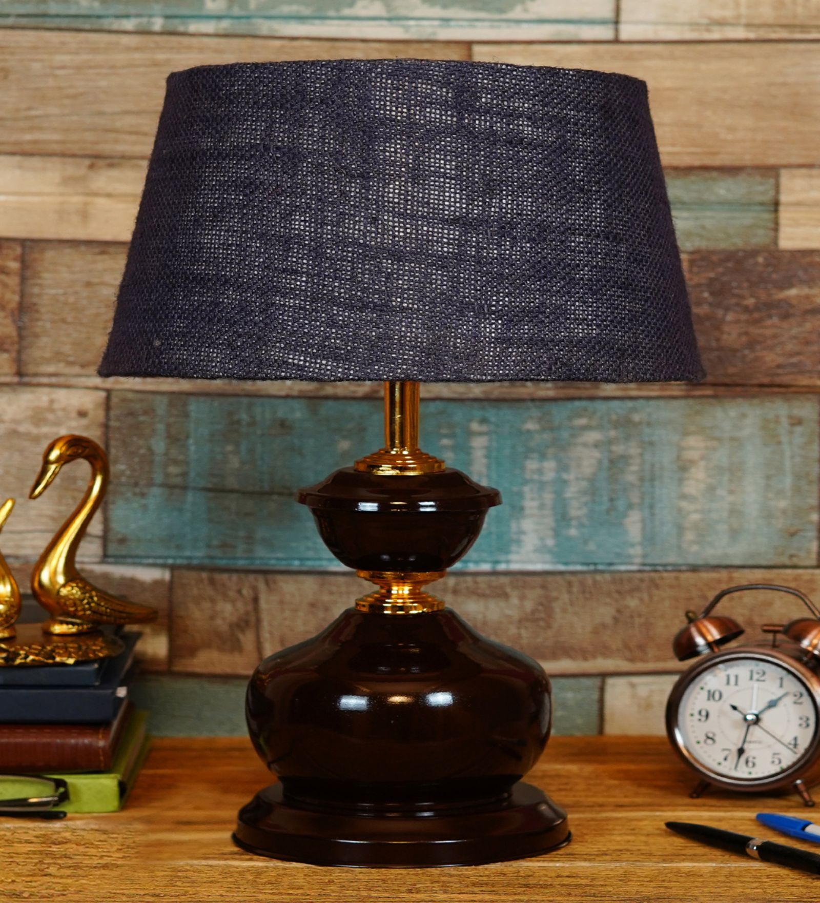 Brown Metal & Natural Fiber Blue Colour Table Lamp Brown Metal & Natural Fiber Blue Colour Table Lamp