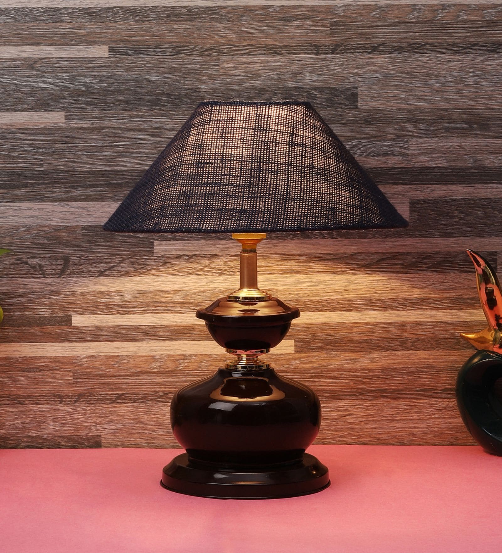 Brown Metal & Natural Fiber Blue Colour Table Lamp Brown Metal & Natural Fiber Blue Colour Table Lamp