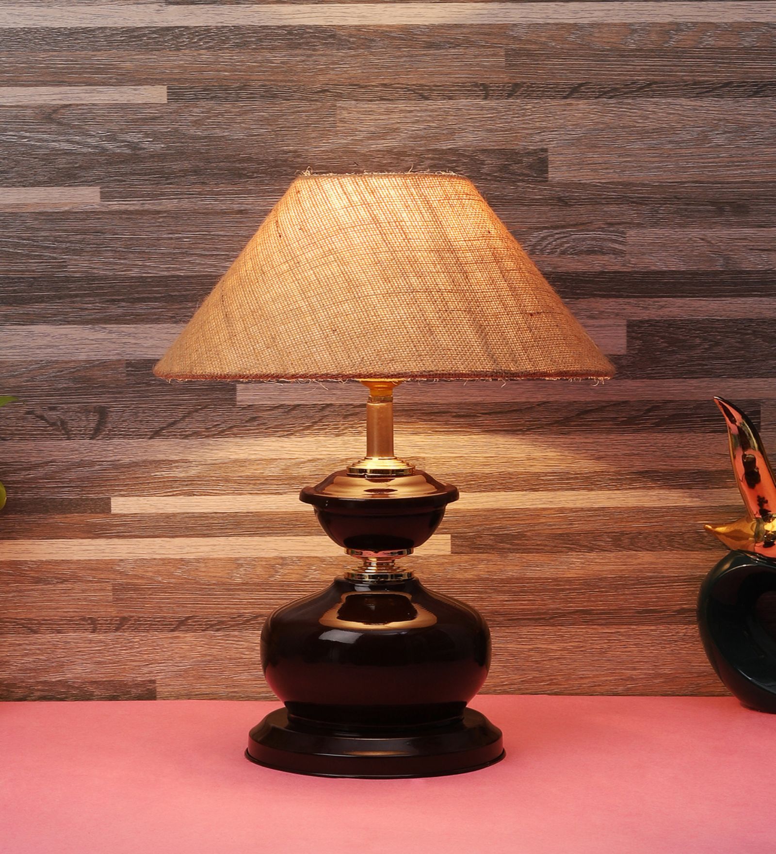Brown Metal & Natural Fiber Brown Colour Table Lamp
