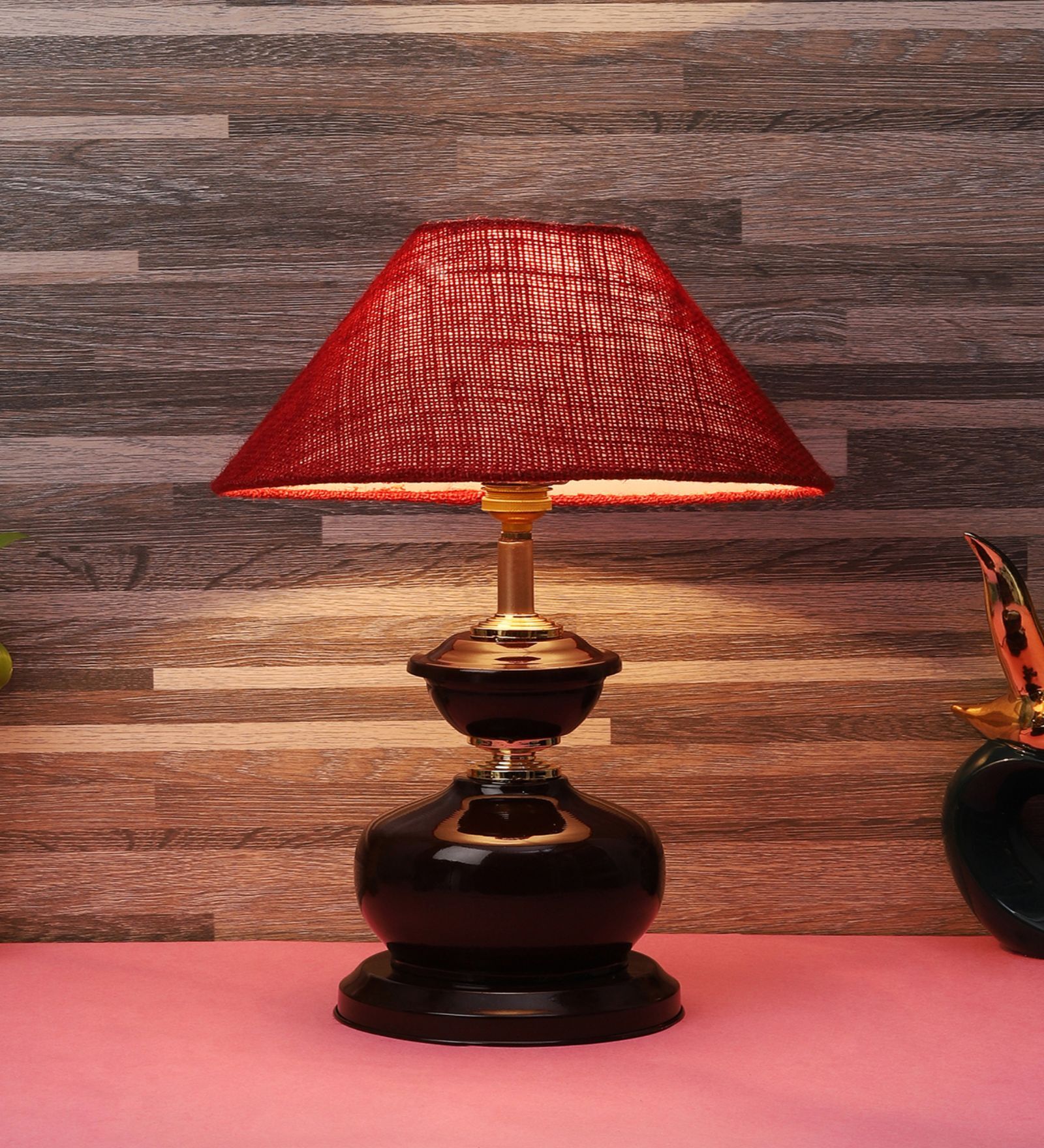 Brown Metal & Natural Fiber Maroon  Colour Table Lamp