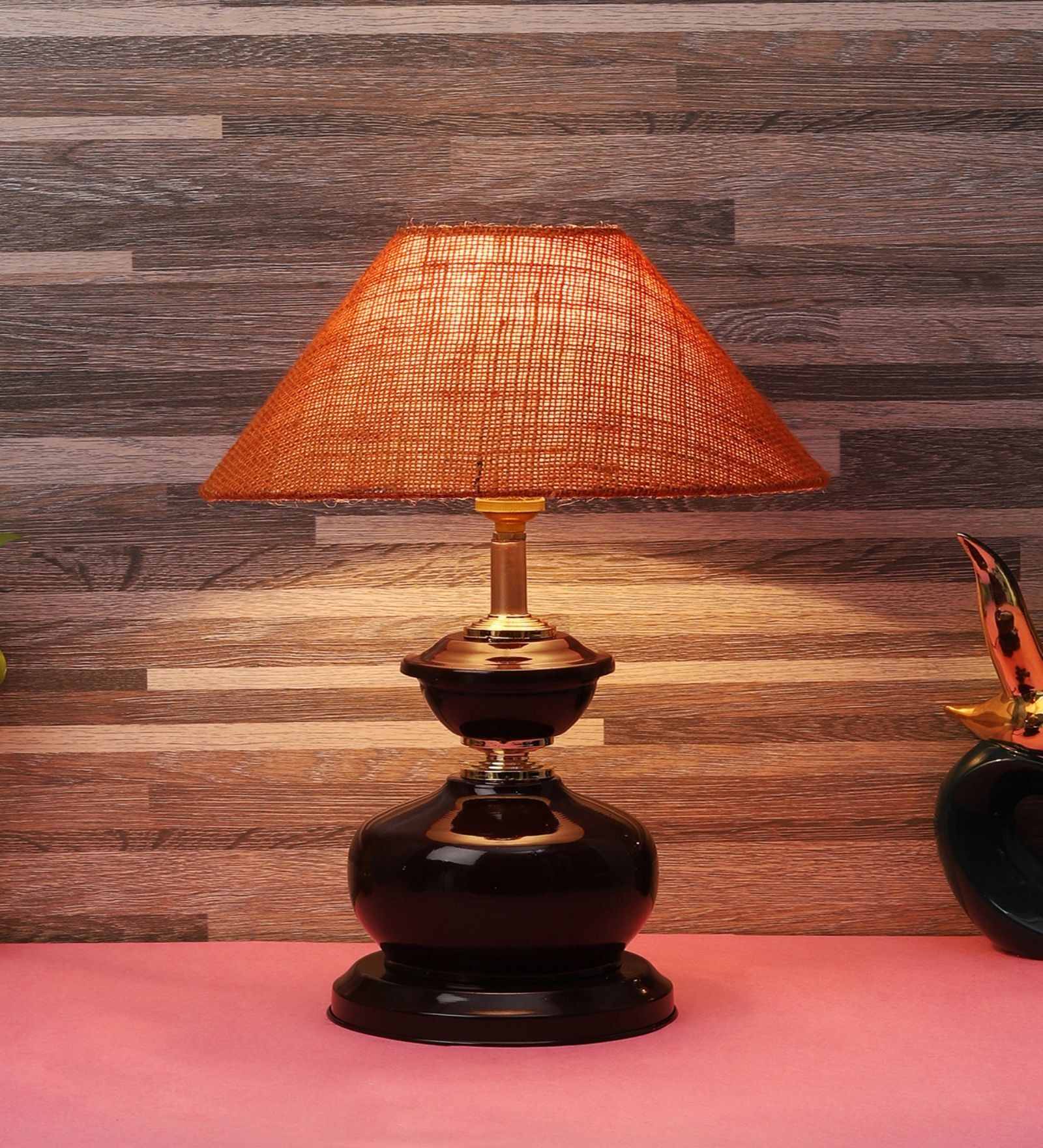 Brown Metal & Natural Fiber Mustard Colour Table Lamp