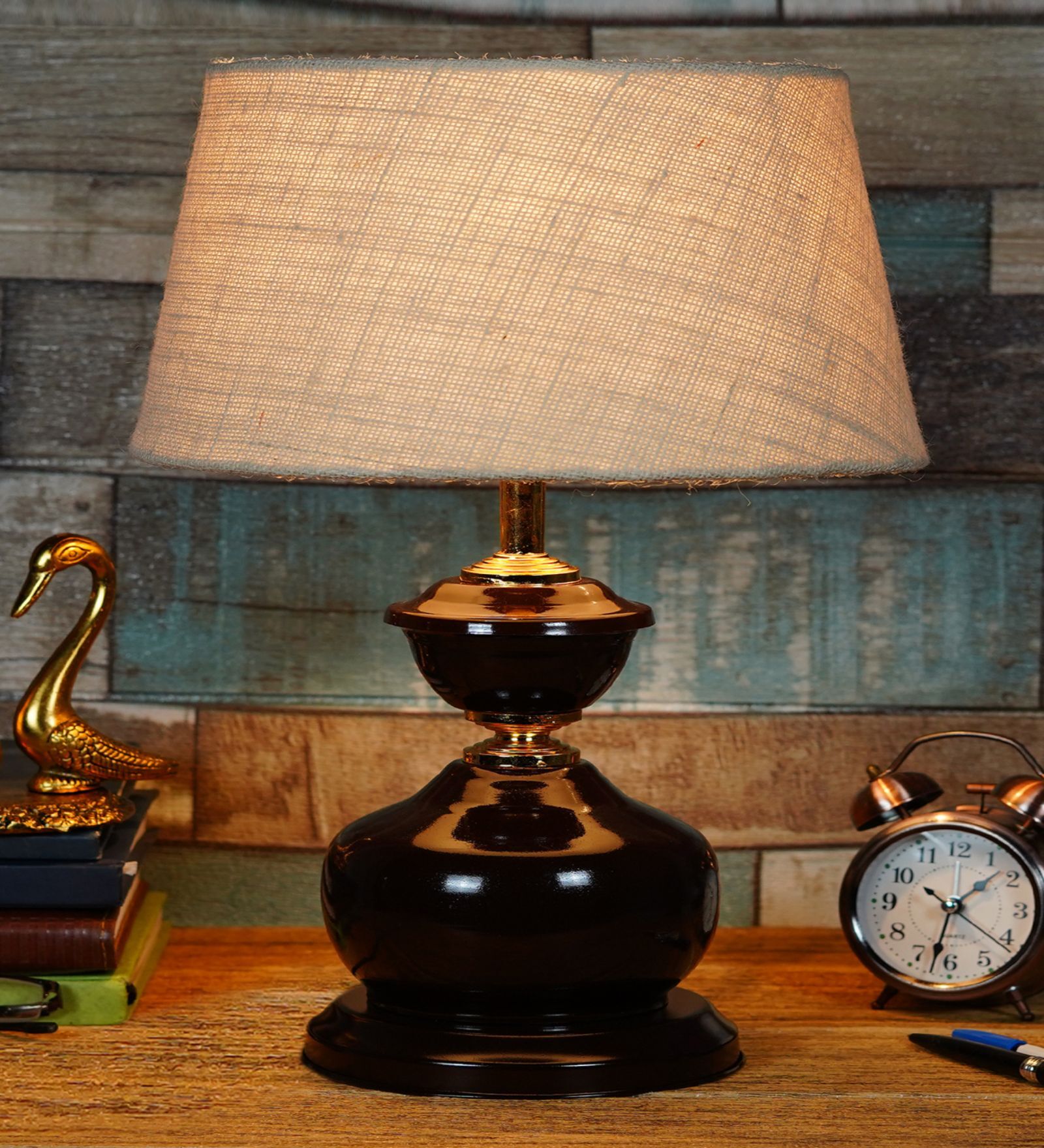 Brown Metal & Natural Fiber White Colour Table Lamp