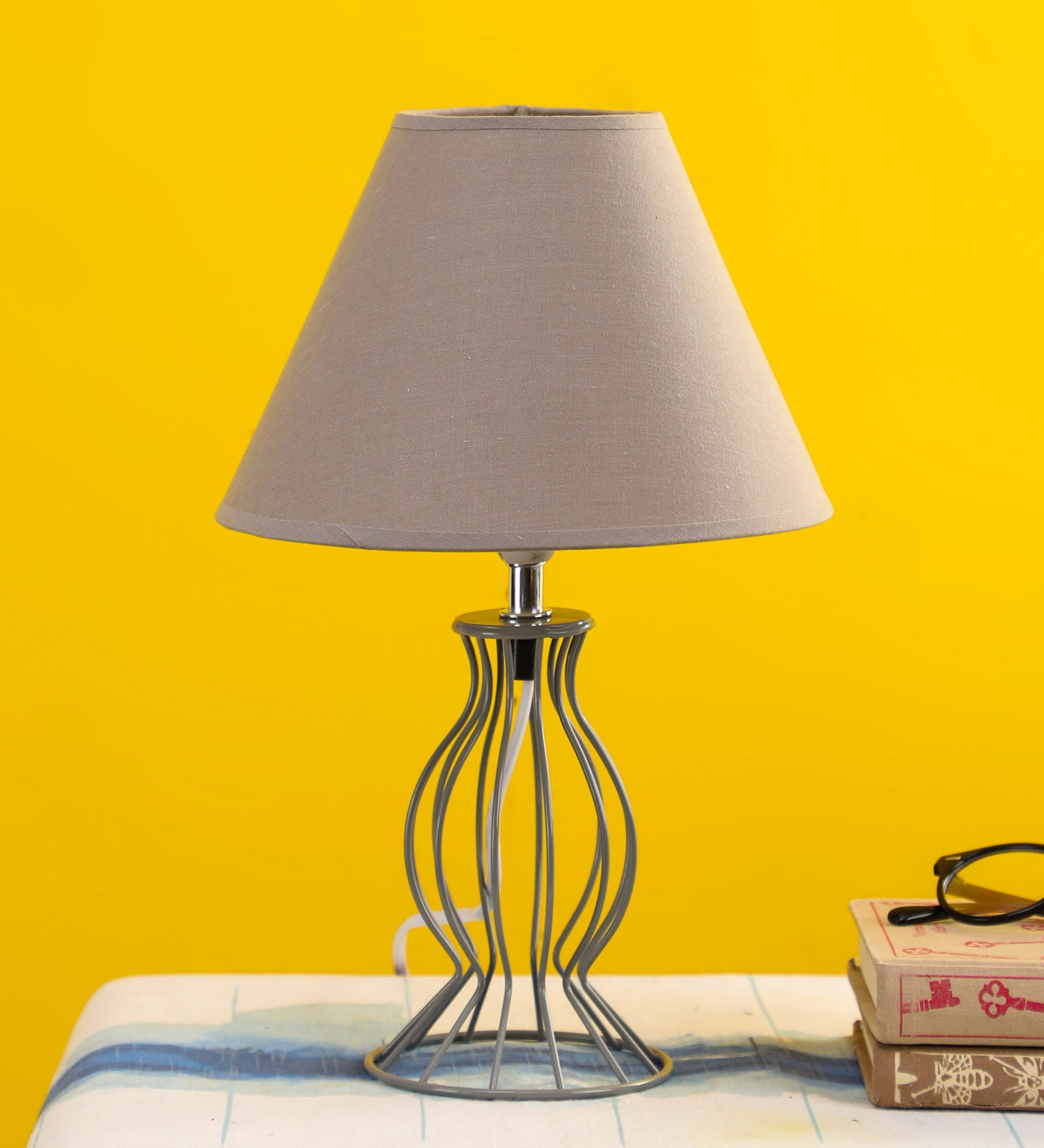 Brown Fabric Shade Table Lamp with Metal Base