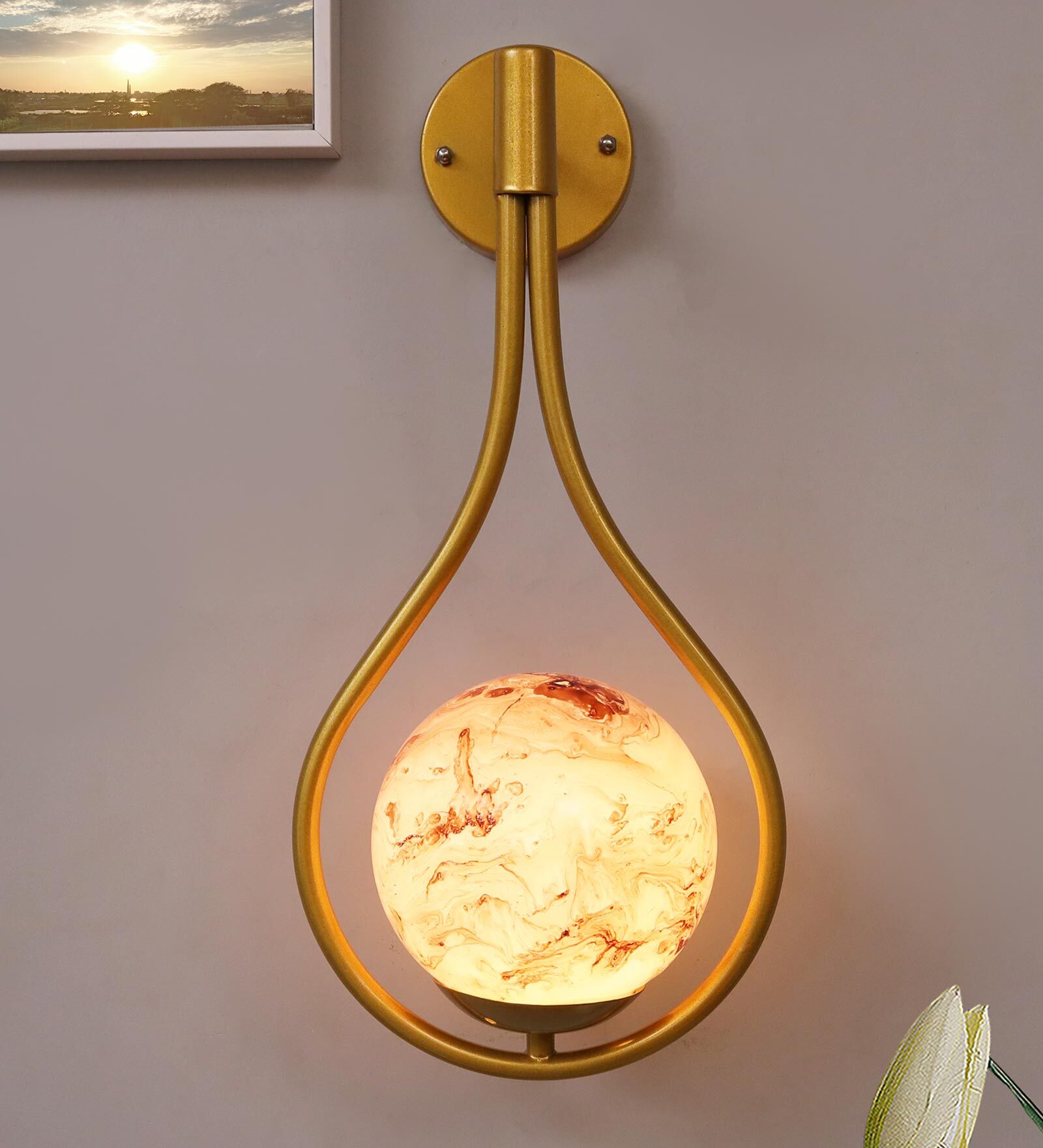Brown Metal Wall Light Frosted Glass Globe Venus