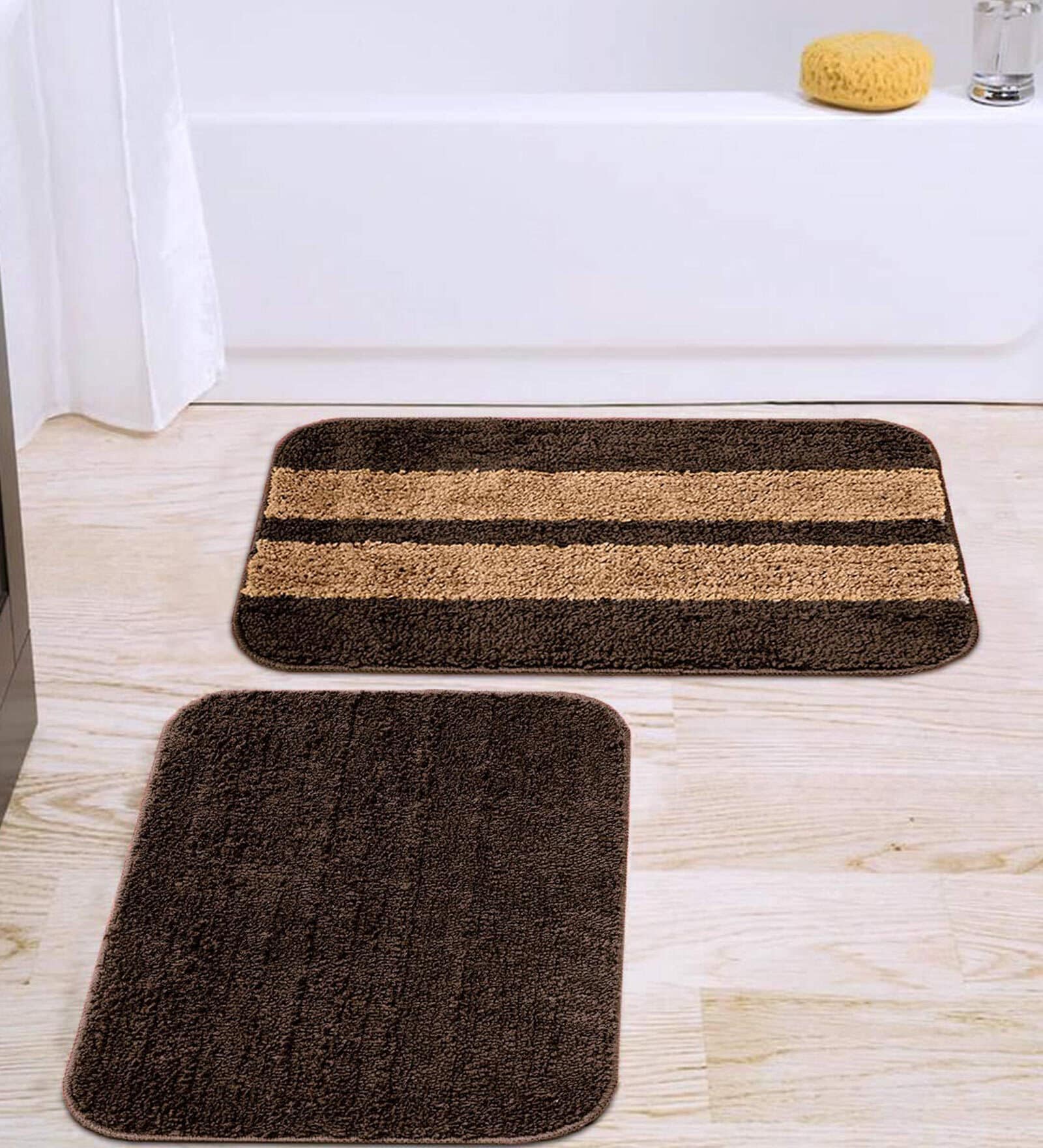 Brown Geometric Microfibre 16x24 Inches AntiSkid Bath Mat (Set of 2)