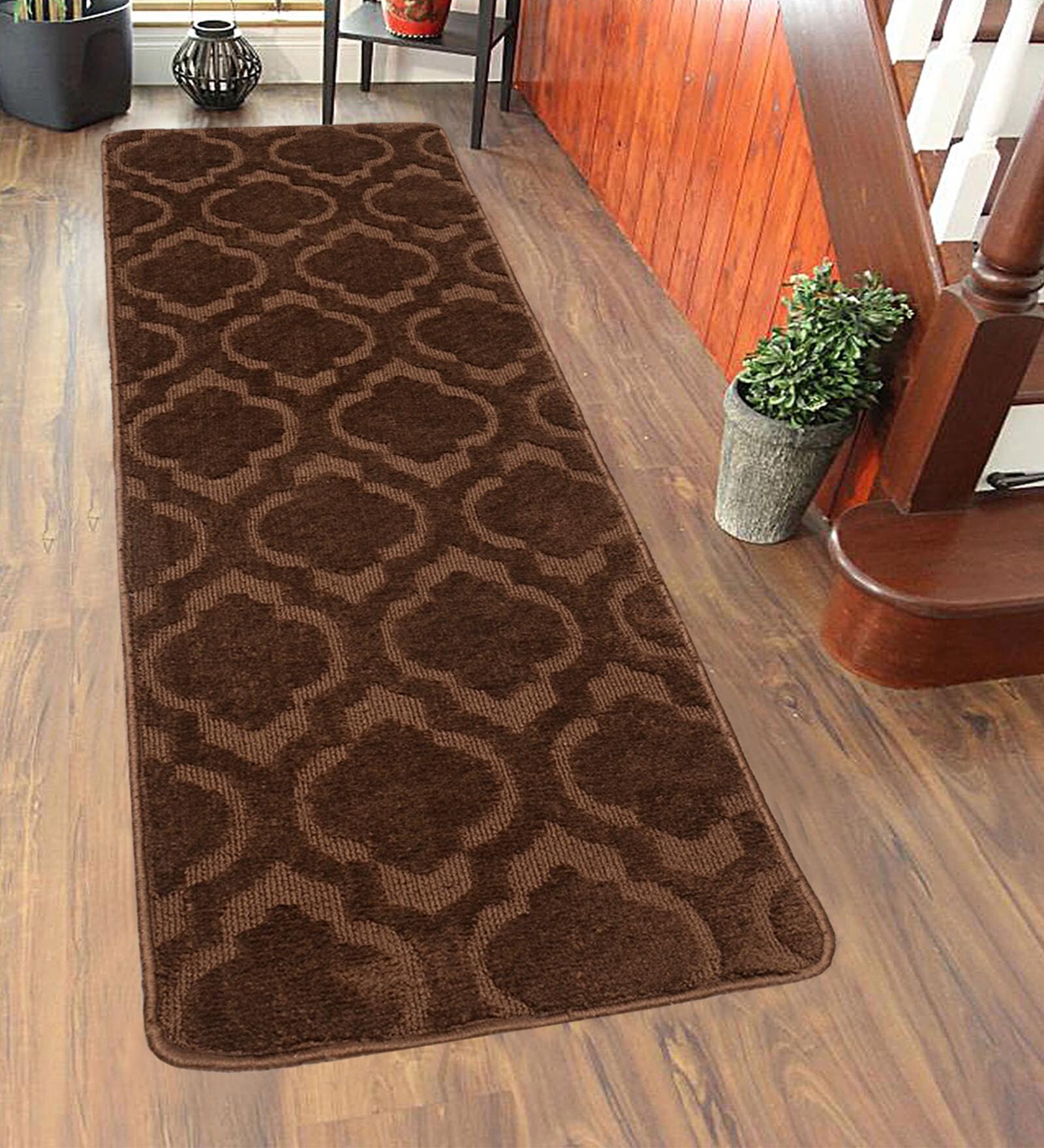 Brown Abstract Microfibre Hand Woven 72x24 Inches Bed Side Runners