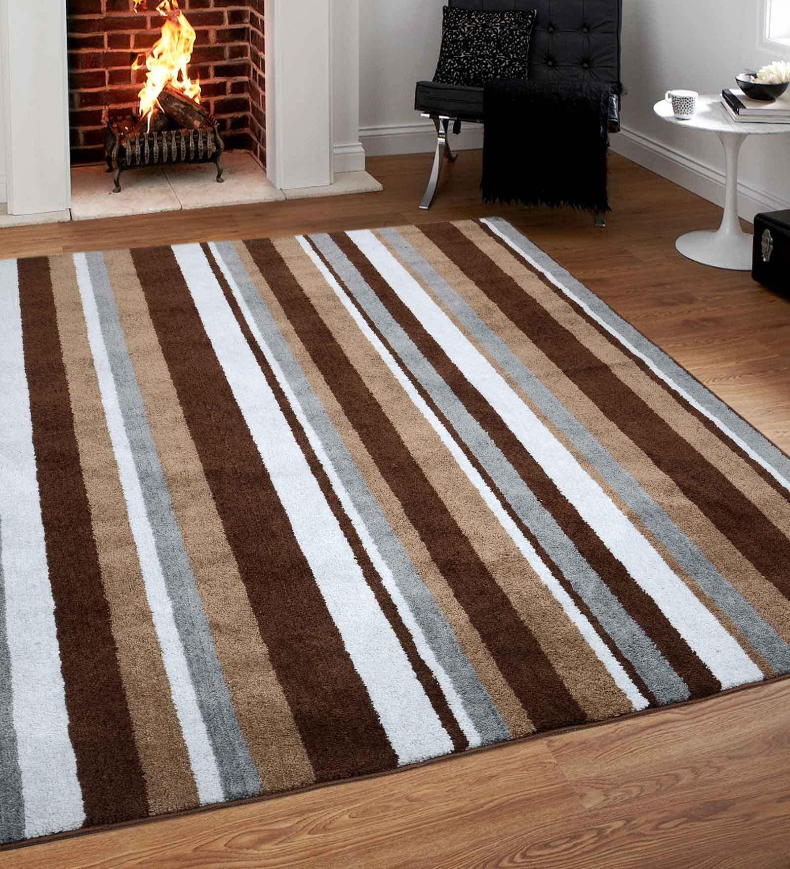 Brown Striped Microfibre 5 ft x 7 ft Hand Woven Carpet