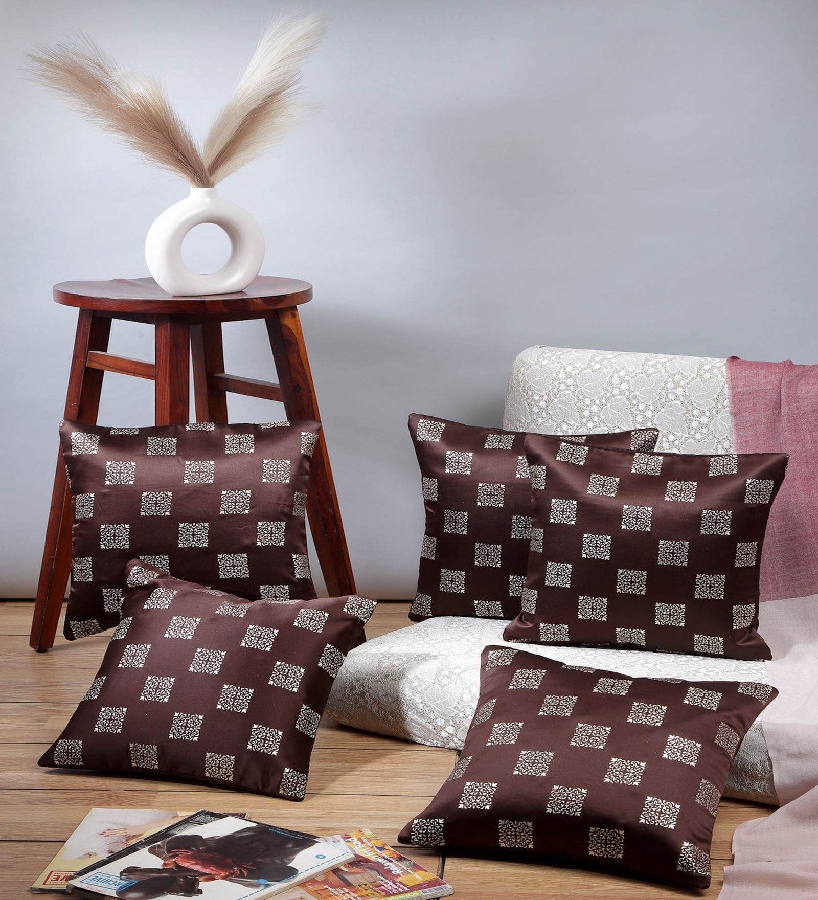 Brown Motifs Polyester Cushions & Pillows Cover (Set of 5)