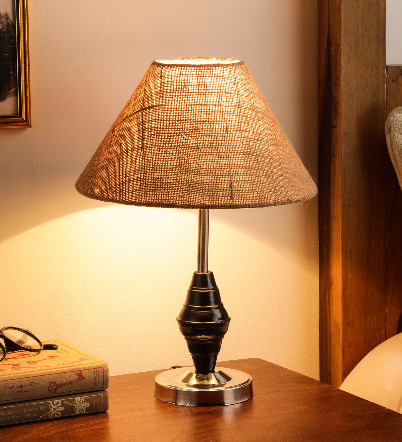 Brown Natural Fiber Shade Table Lamp With Silver Base