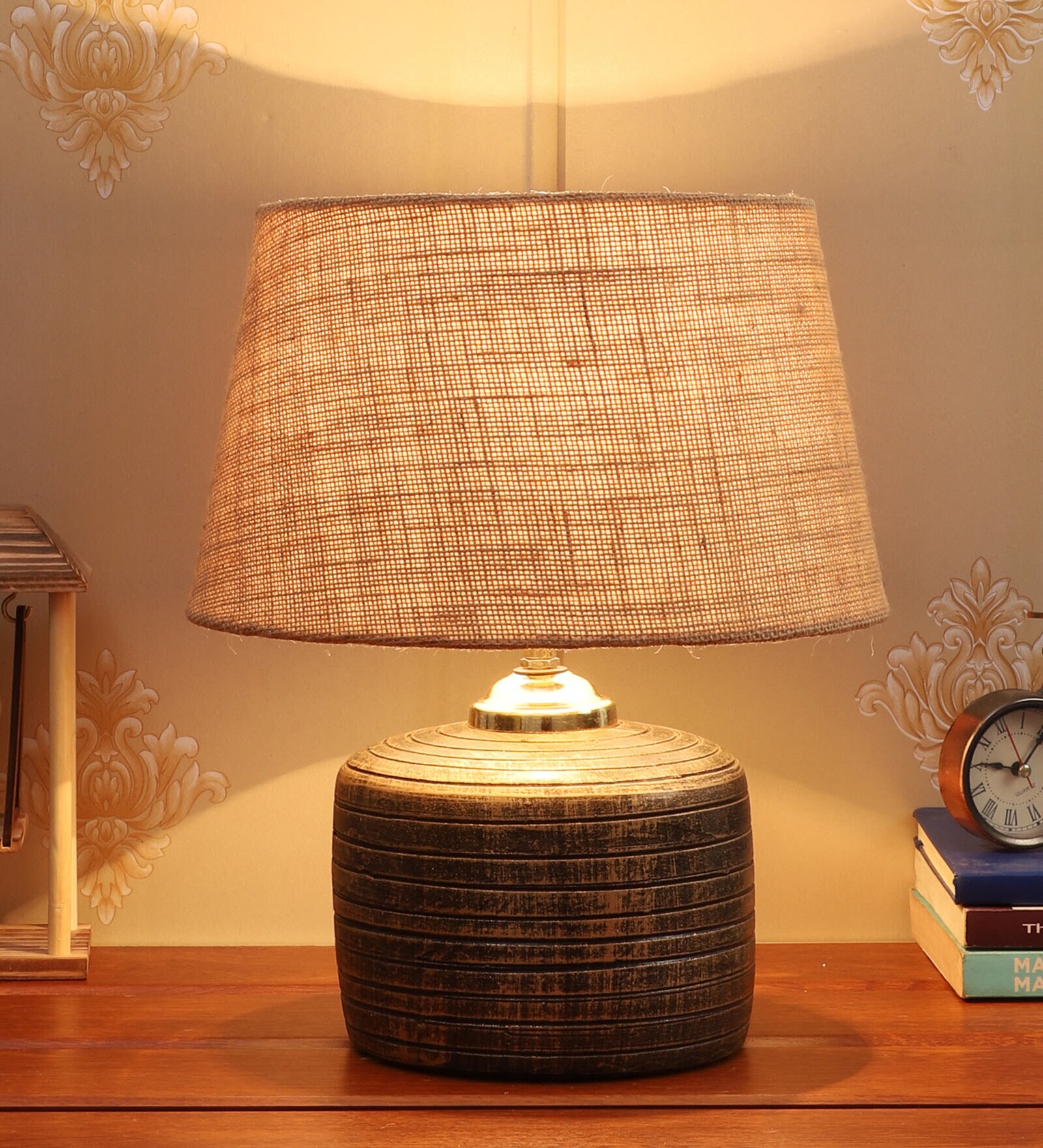 Brown Natural Fiber Shade Table Lamp With Antique Terracotta Base