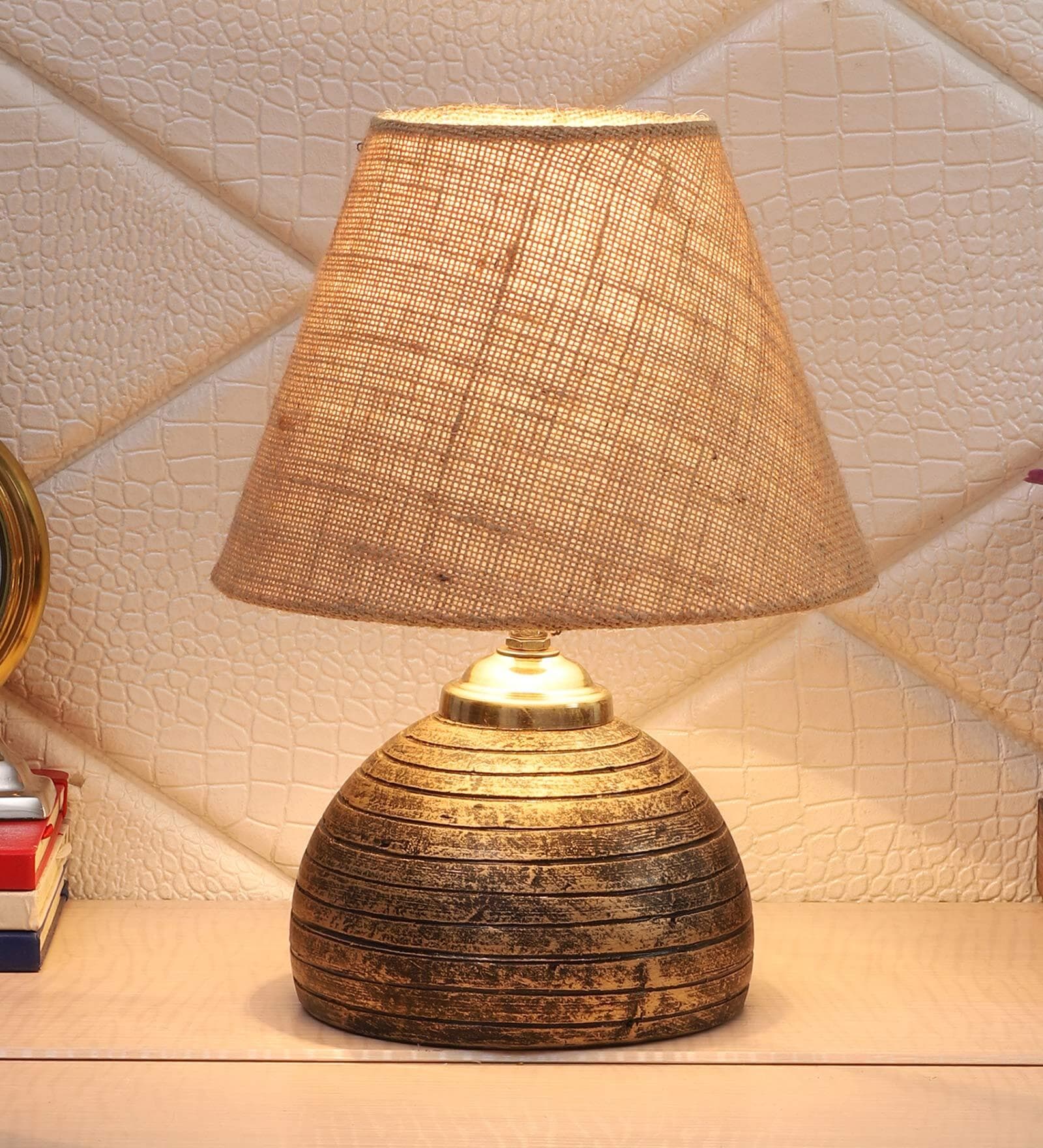 Brown Natural Fiber Shade Table Lamp With Antique Terracotta Base