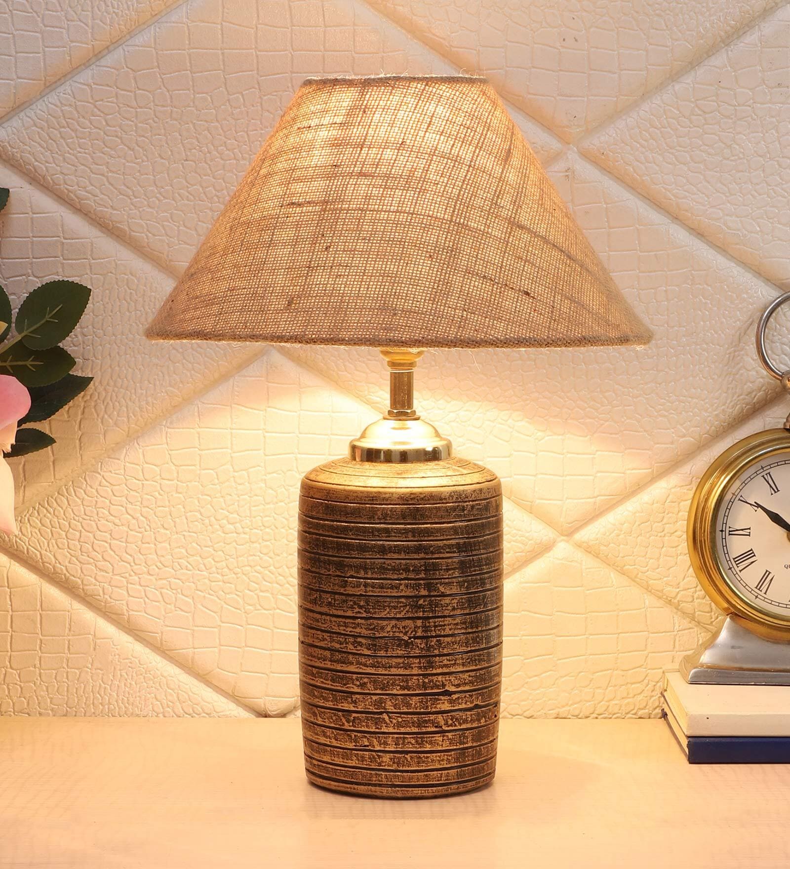 Brown Natural Fiber Shade Table Lamp With Antique Terracotta Base