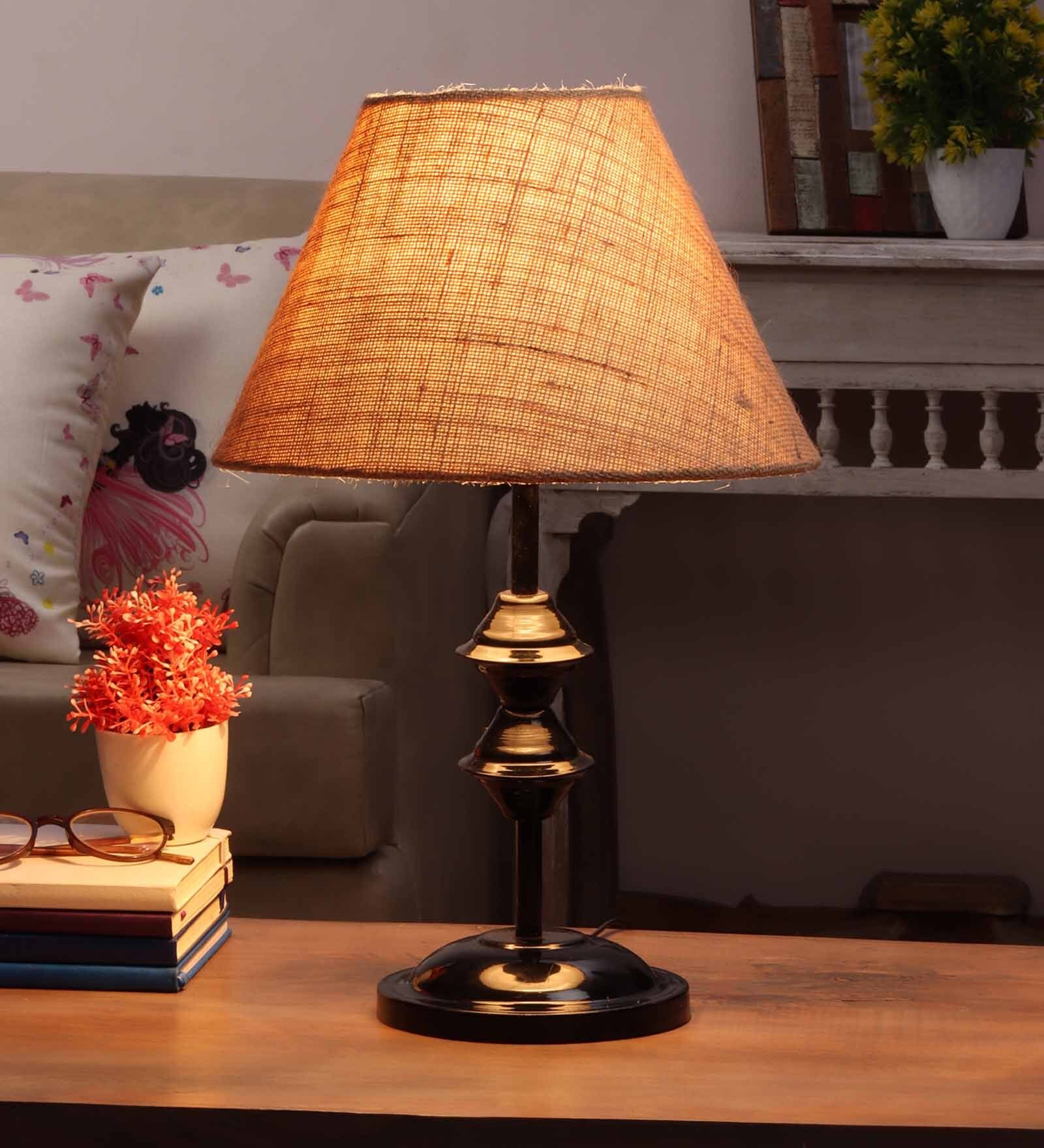 Brown Natural Fiber Shade Table Lamp with Black Base