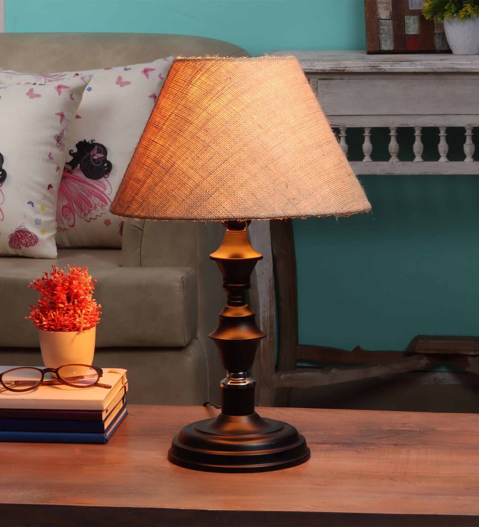 Brown Natural Fiber Shade Table Lamp with Black Base