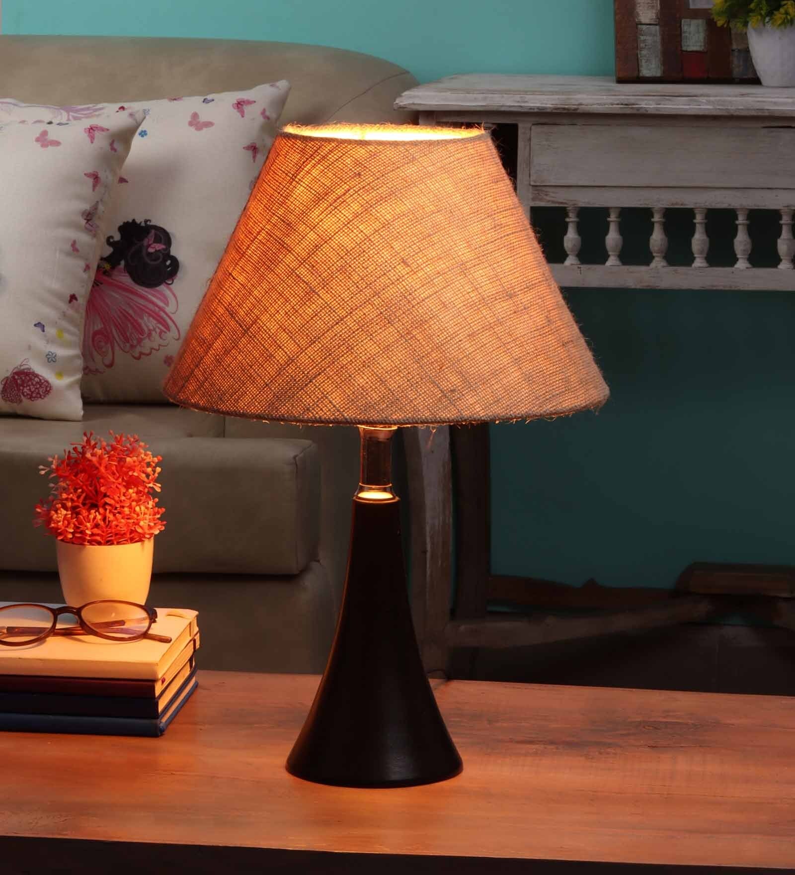 Brown Natural Fiber Shade Table Lamp with Black Base