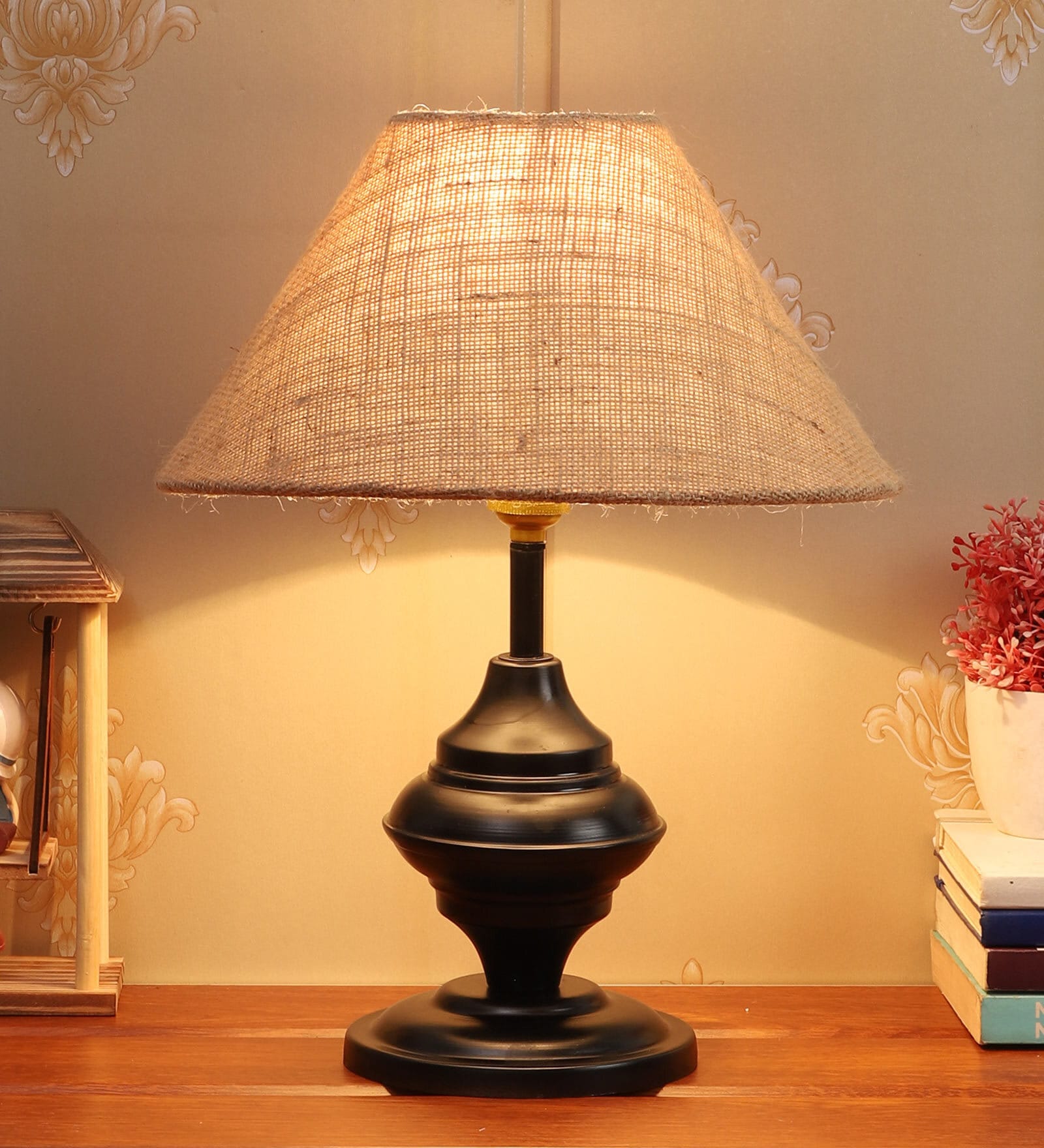 Hazel Brown Natural Fiber Shade Night Lamp With Metal Base
