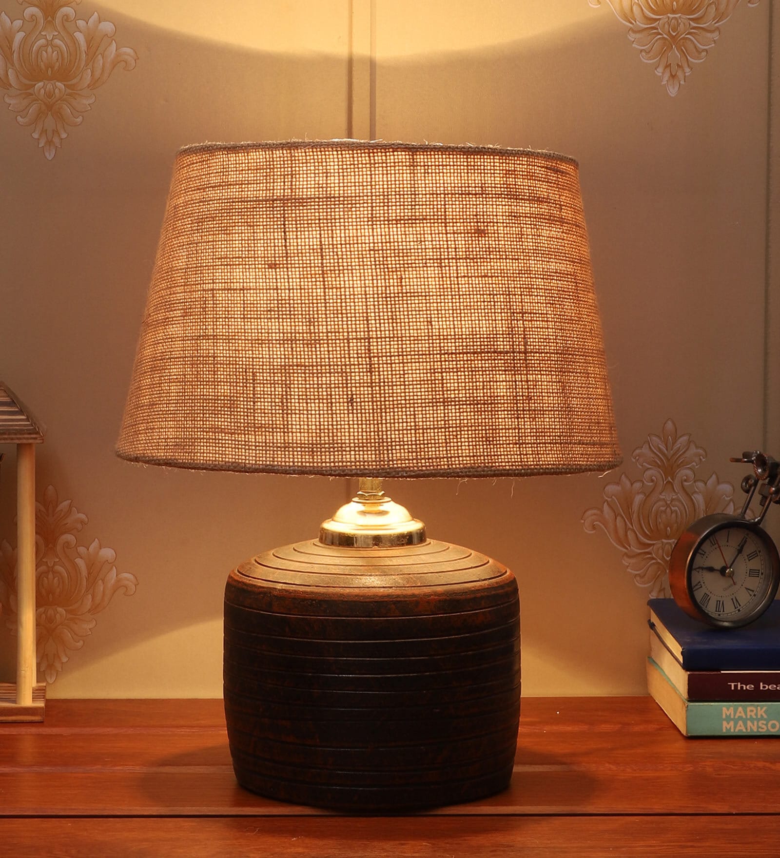 Century Brown Fabric Shade Night Lamp With Teracotta Base