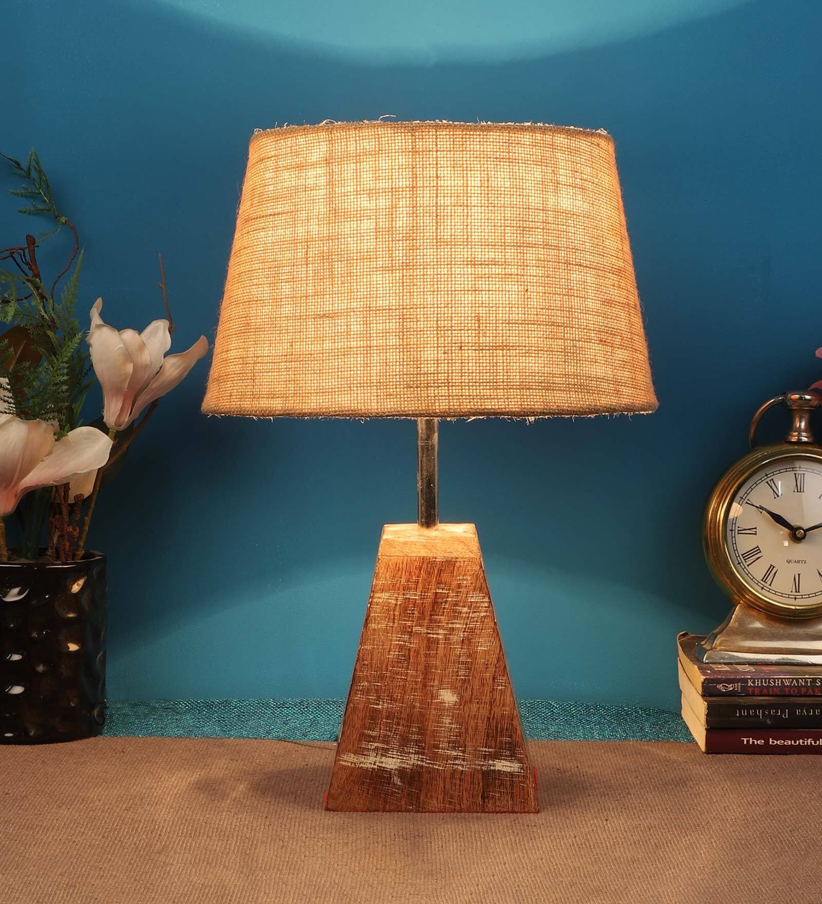 Brown Natural Fiber Shade Table Lamp With Brown Woodden Base