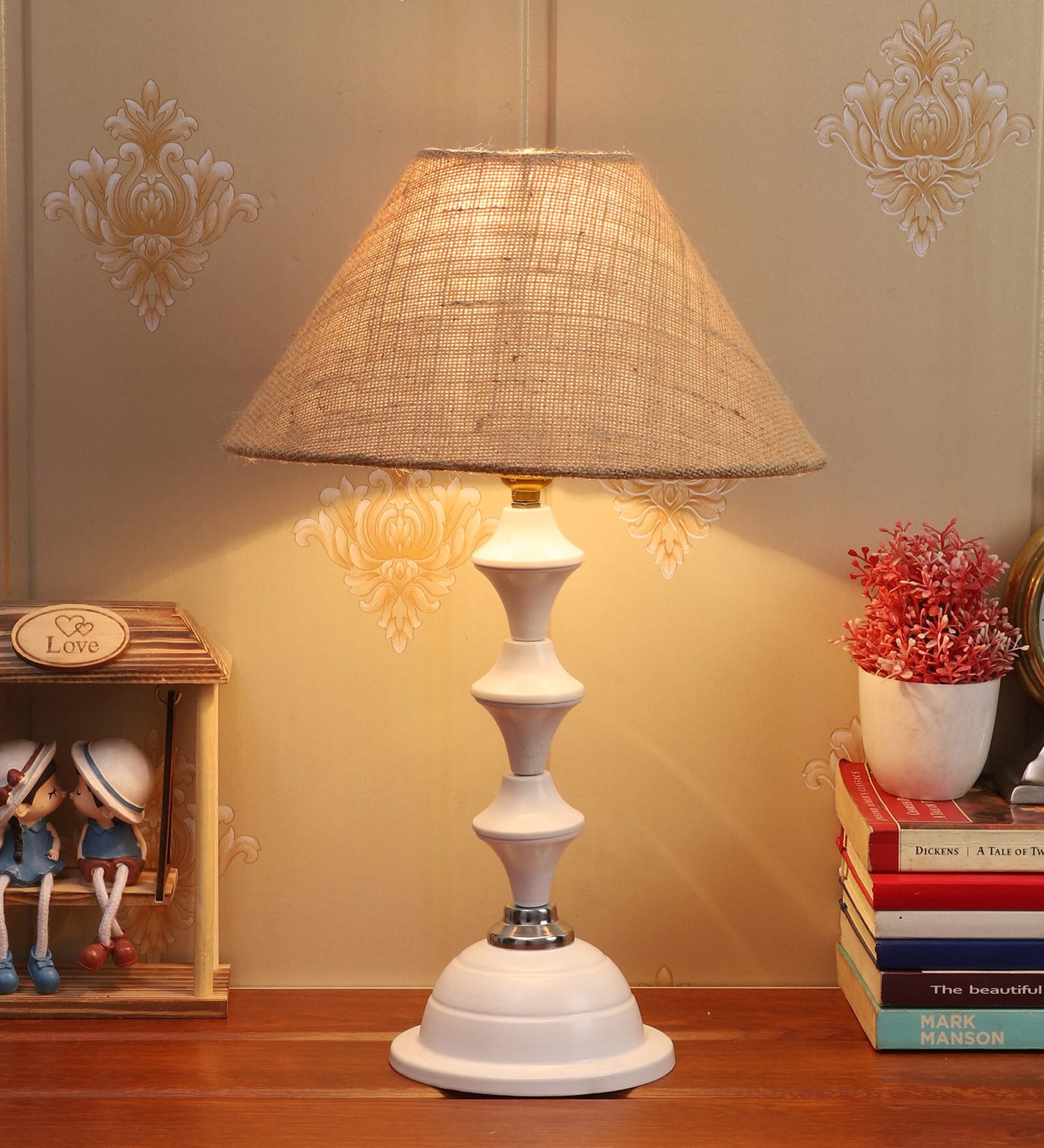 Potenza Brown Natural Fiber Shade Night Lamp With Metal Base