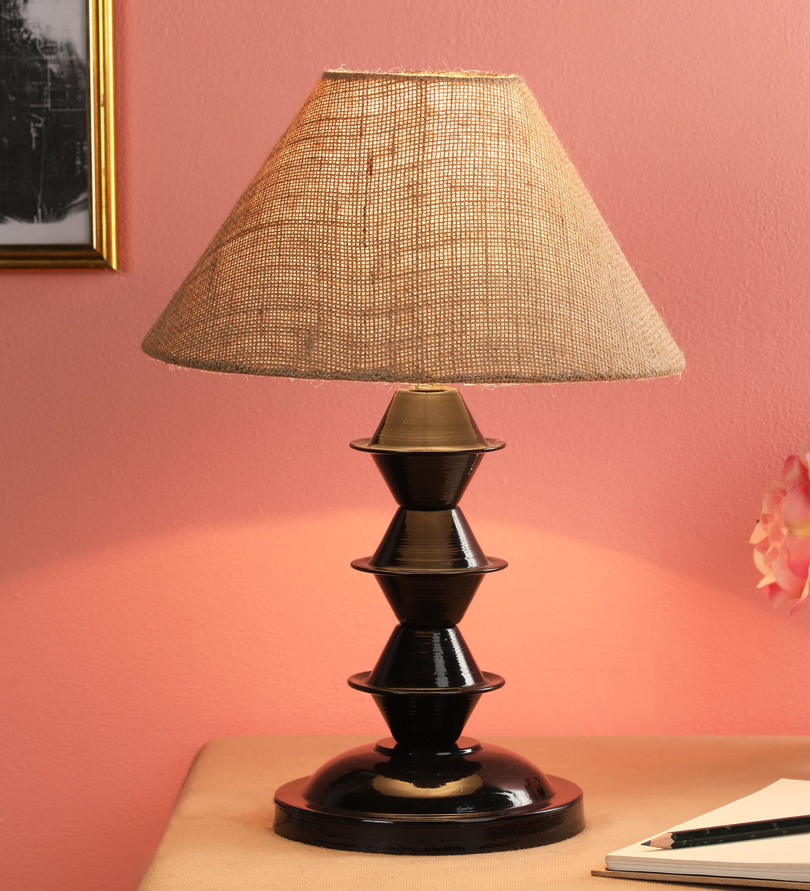 Brown Fabric Shade Table Lamp With Black Base
