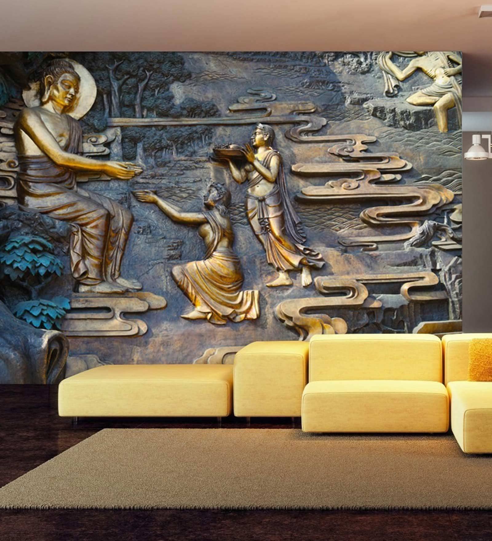Brown Non Wooven Paper 3D Golden Buddha Mural Wallpaper