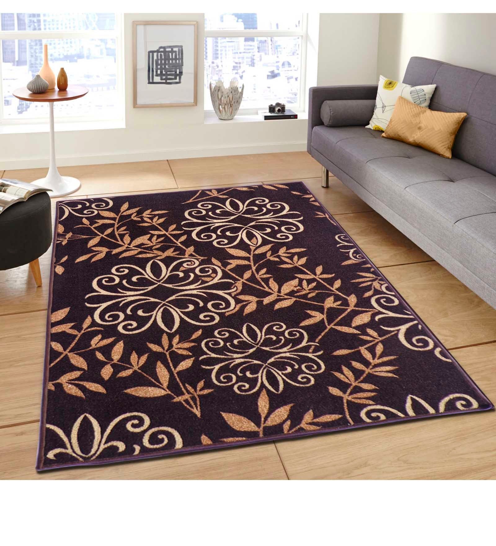 Purple Floral Polyester 5 ft x 7 ft Machine Made Carpet