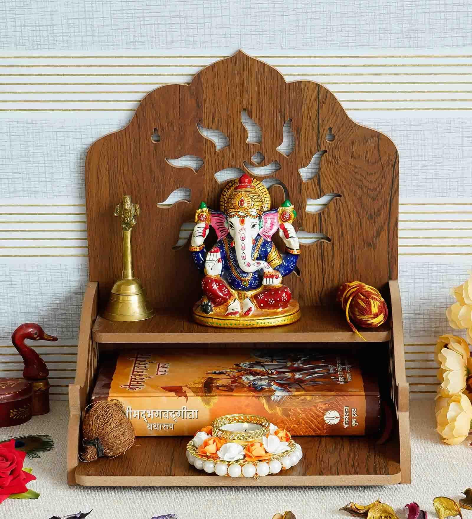 Brown Om Design Laminated Wood Pooja Shelf